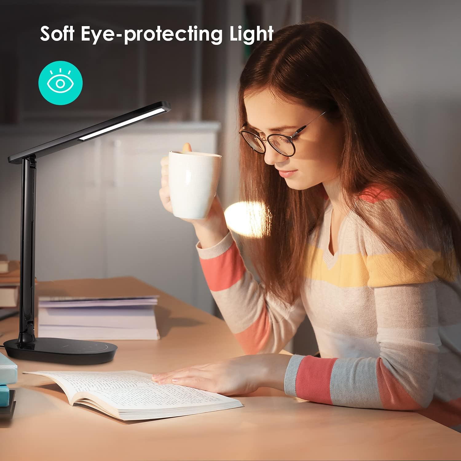 LED Desk Lamp, LASTAR Dimmable Eye-Protecting Table Lamps with Night Light, USB Charging Port, 4 Color Temperature Modes, 5 Brightness Levels, 1H Timer, Touch Control for Home Office Bedroom - - 