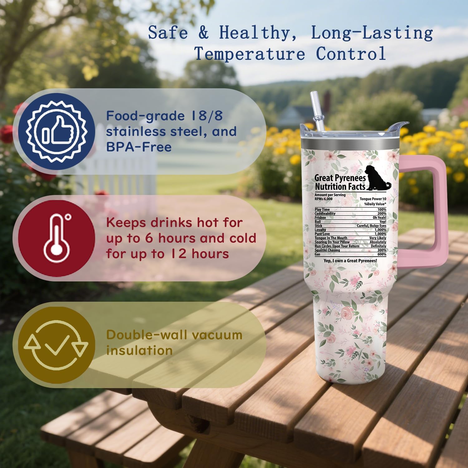 40oz Great Pyrenees Dog Tumbler with Handle and Straw, Funny Stainless Steel Insulated Cup with Lid and Straw, Travel Coffee Mug Water Bottle, Birthday Mothers Day Gifts for Women Men Animal Lovers - Image 3