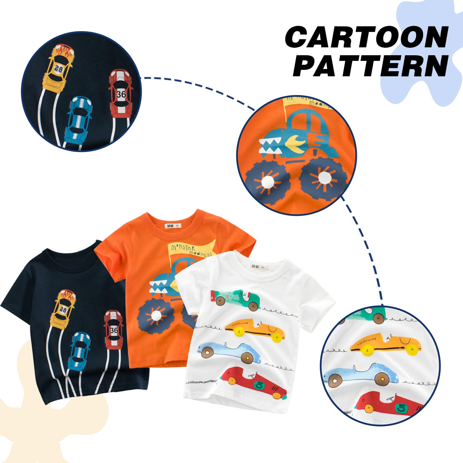 Tee Shirt Enfant Garçon T-Shirts à Manches Courtes Vetement Bébé Garçon 3 Pièces Coton Imprimé Cartoon Col Rond Été Top pour 2-7 Ans