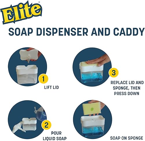 Miniatura 4 de Elite Buddy - Dispensador de jabón para platos y soporte de esponja para encimera de fregadero de cocina, incluye esponja limpiadora antiarañazos,