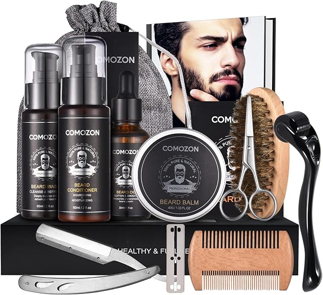 Beard Grooming Kit for Men, 12 in 1 Beard Growth Kit with Beard Roller, Beard Set with Beard Oil, Beard Shampoo, Beard Conditioner, Beard Brush, Beard Balm, Beard Comb, Scissors, Gifts for Him