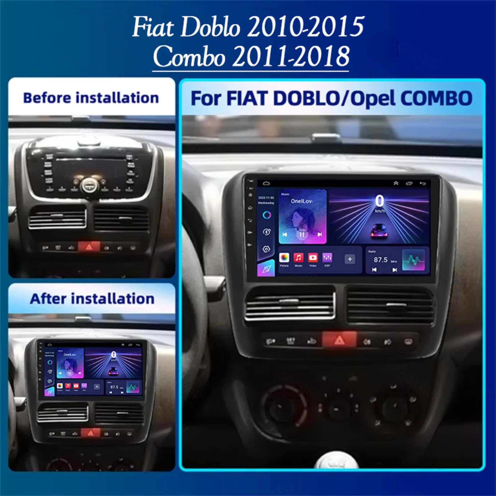 Android 16 Double Din Car Stereo 9" Ekran Dotykowy Samochód Dla Fiat Doblo 2010-2015 Combo 2011-2018 Z Bluetooth Nawigacja Gps Radio Fm Obsługa Plug and Play Carplay matyczna Kamera Cofania,M110