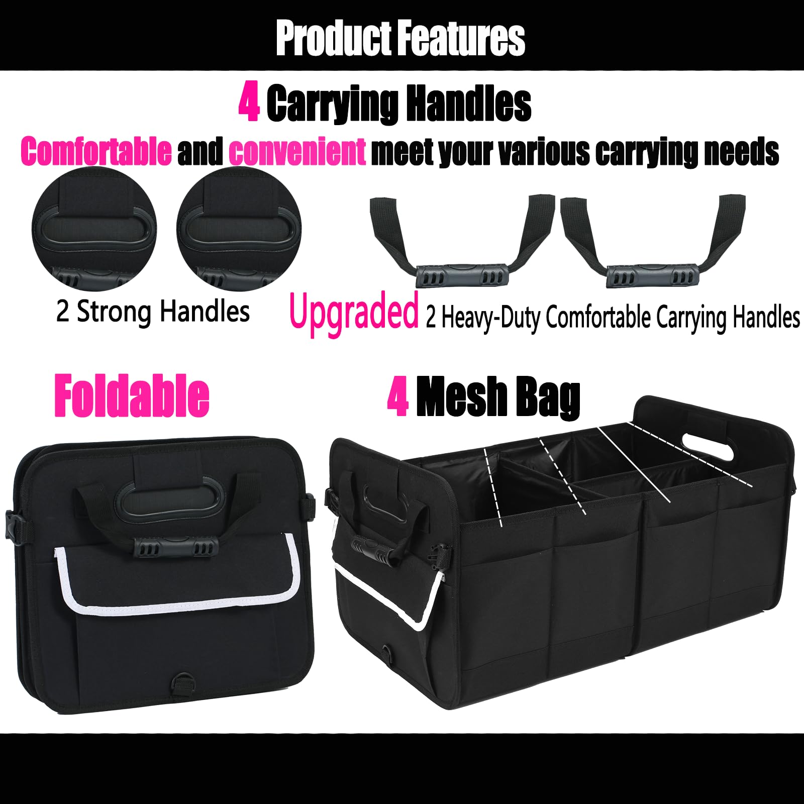 Car Suv Trunk Organizer Sturdy Car Storage Organizer for Accessories Tools Sundries Upgraded 4 Carrying Handles 72L Foldable — view 4