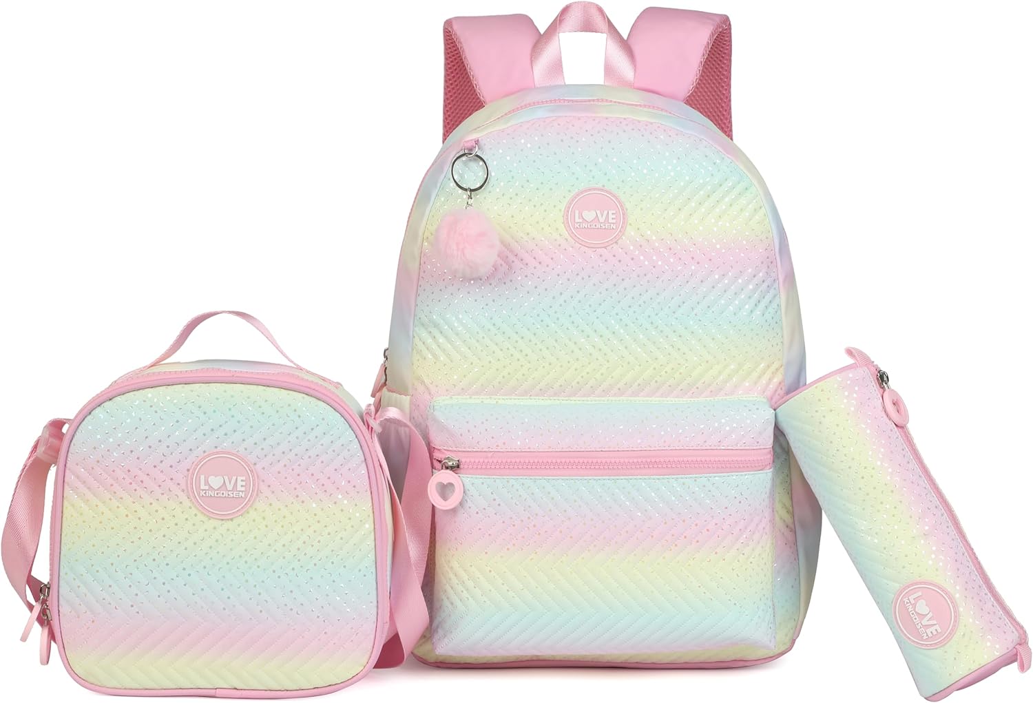 Kids School Backpack for Teen Girls, Cute Rainbow Pastel School Bag with Lunch Bag Pencil Pouch for Elementary Middle High School (Yellow Rainbow)