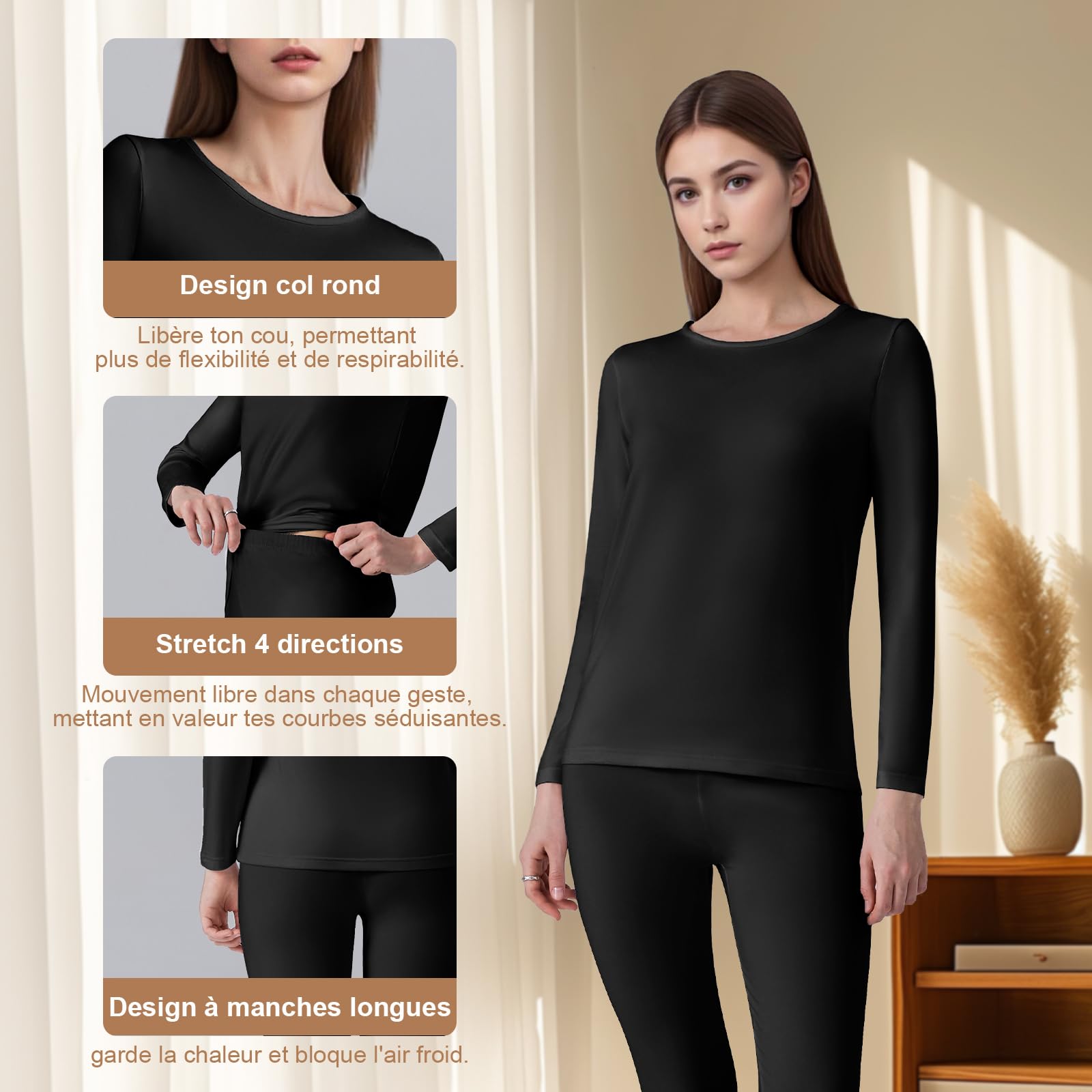 Channo Ensemble sous-Vêtements Thermiques Femme: Haut Manches Longues et Pantalon Doux Légers en Polaire Respirants Idéals pour l’Hiver