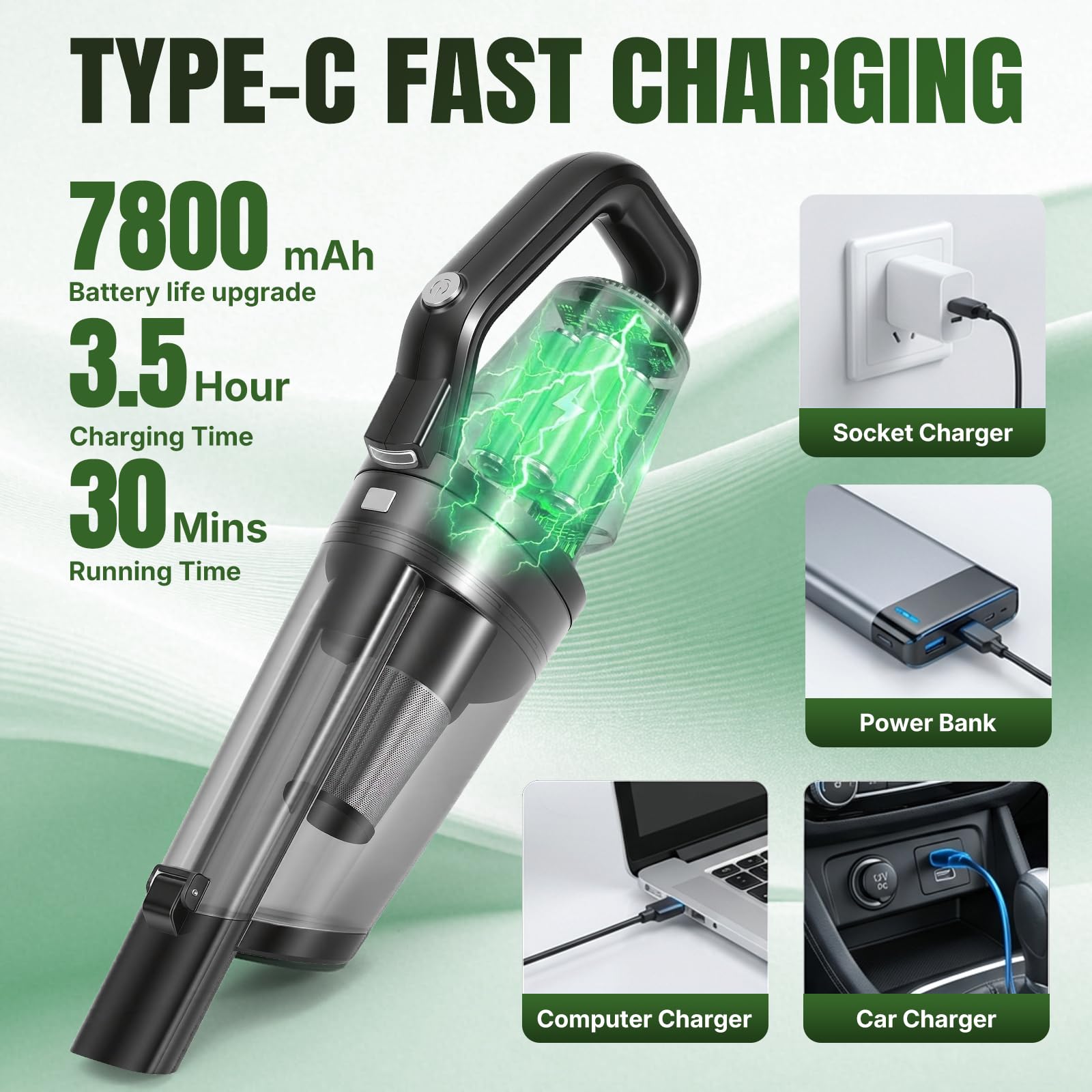 Aspiradora de mano con batería, aspiradora para coche fuerte, mini aspiradora inalámbrica 10000 Pa Car Vacuum Cleaner, portátil, ligera y recargable para coche, hogar y mascotas