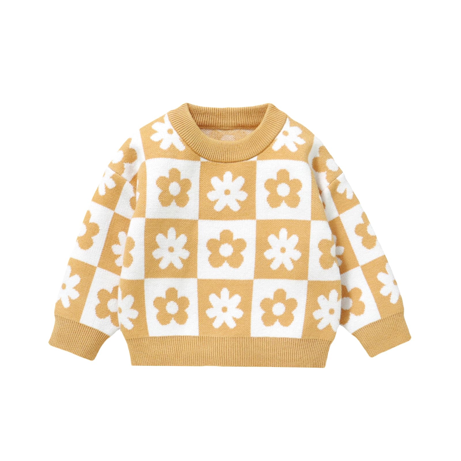 JLKGICF Newborn Toddler Baby Girl Boy Chunky Sweater Striped Sweater Long Sleeve Pullover Sweatshirt Fall Winter Clothes (Plaid Flower Yellow, 9-12 Months)
