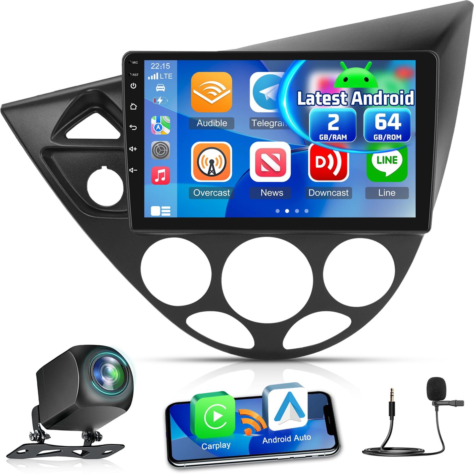 2+64G Android CarPlay Stereo para Ford Focus 1998-2004 - Radio de 9 Pulgadas con Pantalla táctil inalámbrica CarPlay Android Auto - WiFi GPS Mirror Link EQ RDS +Cámara de Marcha atrás&Mic
