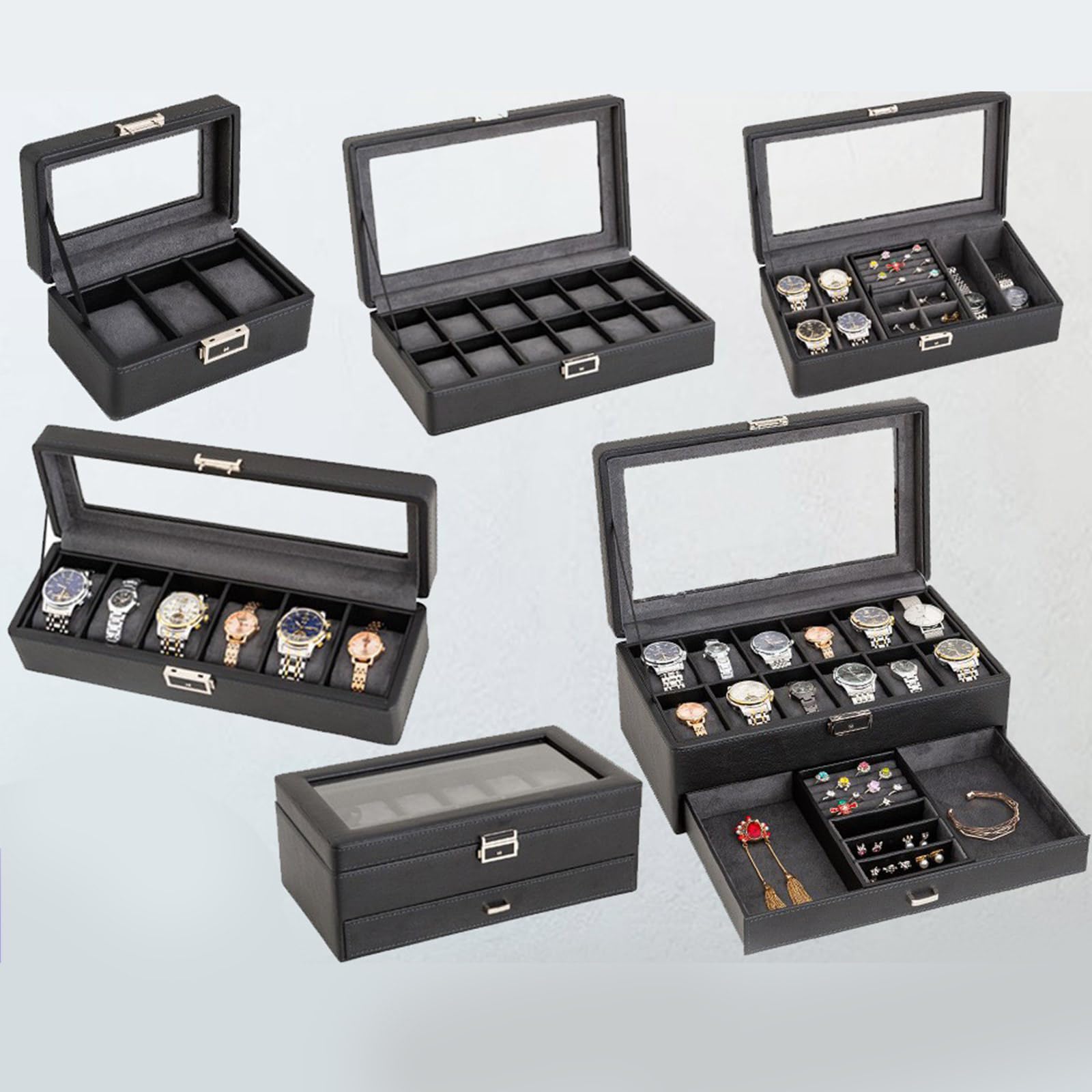 Pratica valigetta per gli organizzatori di orologi con cassetto stabile imbottito ed estraibile, portatile per la conservazione dei gioielli in pelle