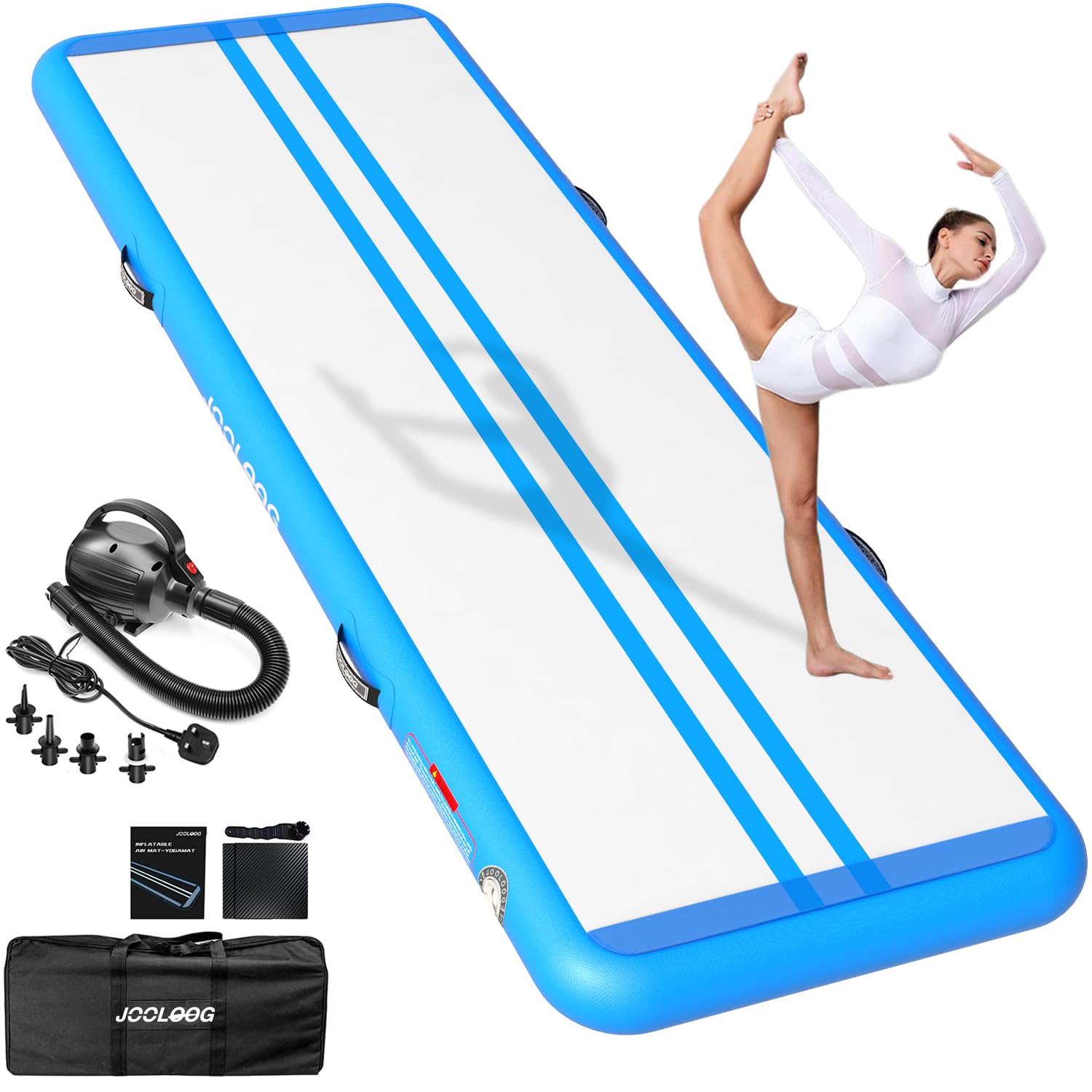 JOOLOOG Premium Inflatable Gymnastics Mat, Air Mat Tumble Track for Home Training, 4/8 Inch Thick Tumbling Mat with Pump Indoor Gymnastics Tumbling & Yoga,Water,Blue, 6.6ft*3.3ft*4in