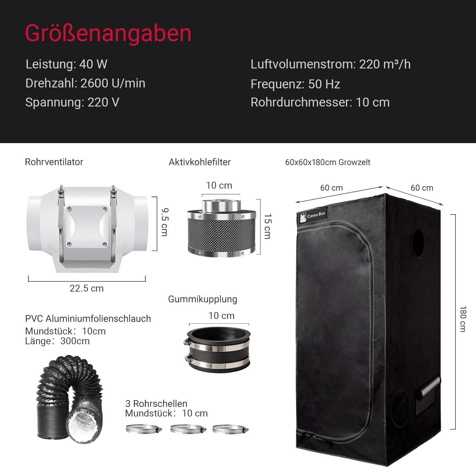 Standard Growzelt Komplettset mit Growzelt 60x60x180 cm und Regelbar Rohrventilator 100mm Set Belüftungssystem Transparente Schicht Indoor Grow Zelt Komplett Set für Hydrokulturen