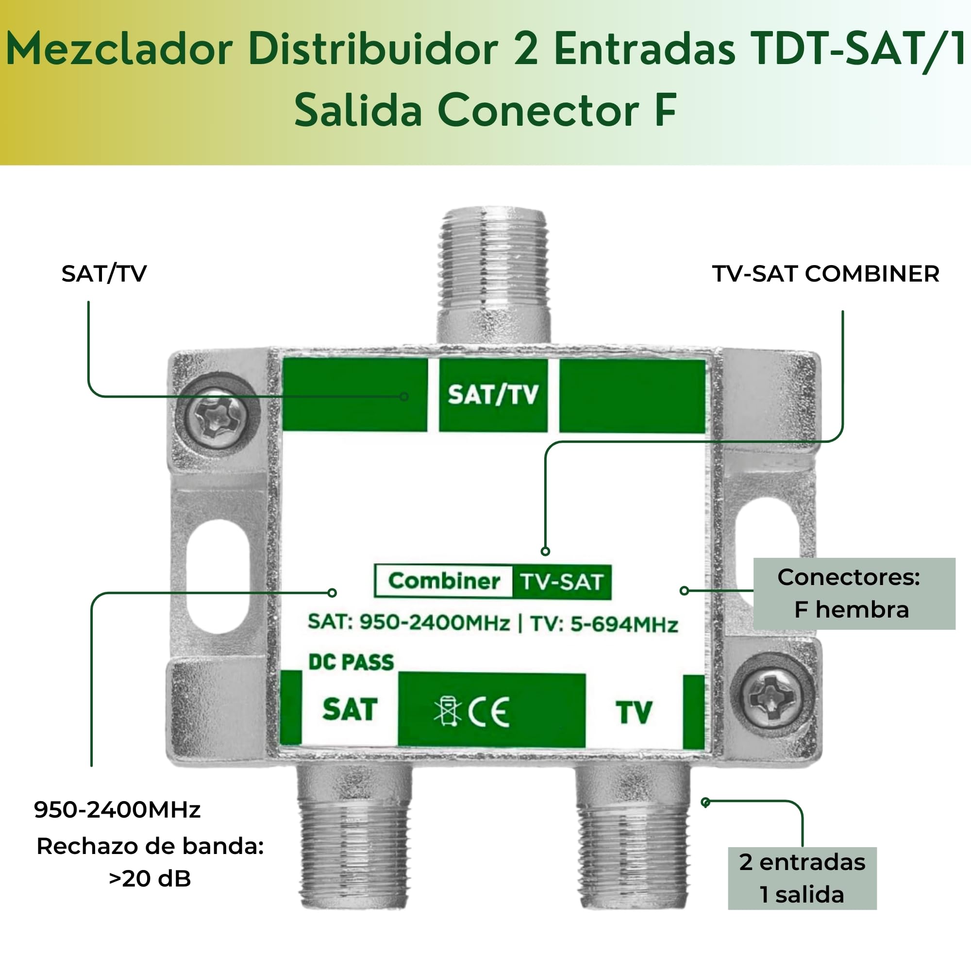 Mezclador de señal satélite y terrestre, Mezclador TV/SAT, Diplexor señal Satélite y Terrestre, Apto para la Combinación de Dos señales en la Misma línea, Paso de DC, con Filtro LTE 5G - imagen 2