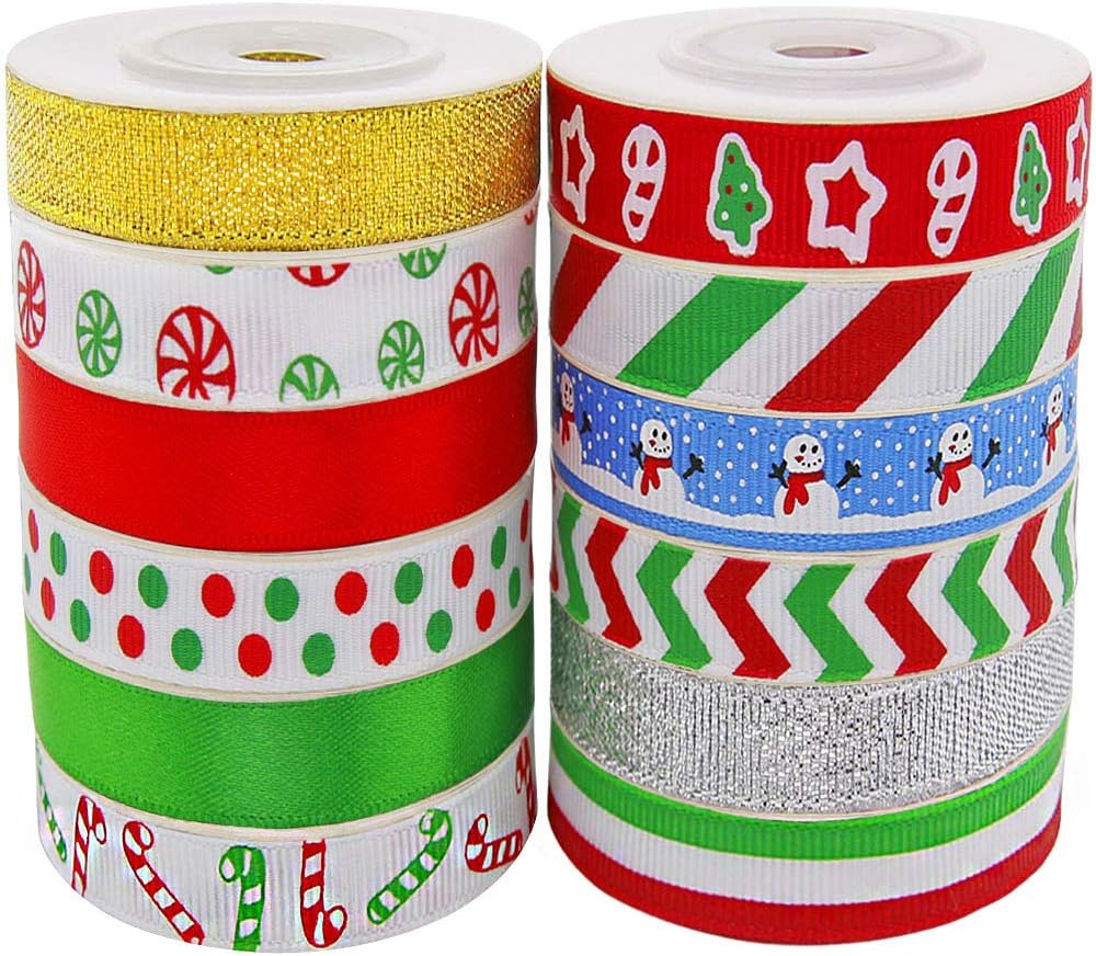 Christmas Ribbon for Crafts 60 Yards 3/8'' Grosgrain Fabric Xmas Decoration Gift Wrapping (12Colors x 5Yds Packed in Roll)