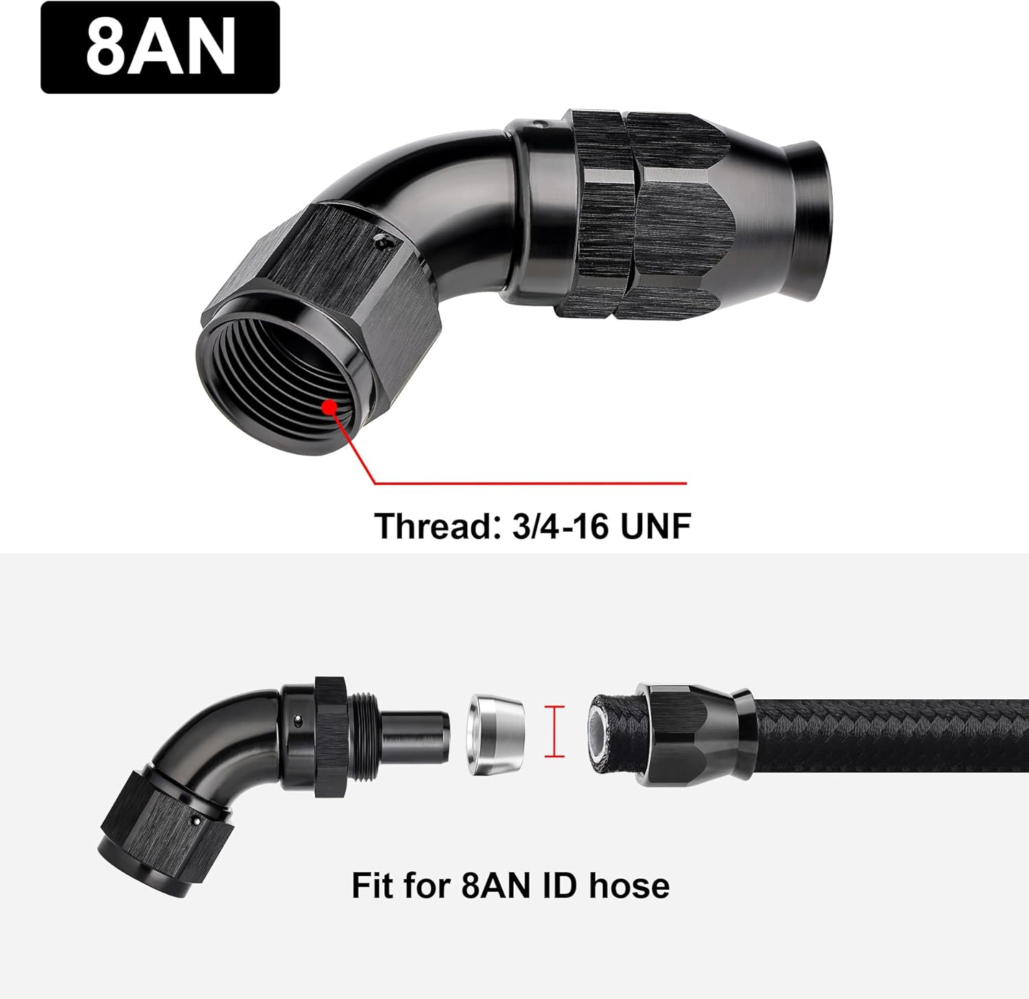 EVIL ENERGY 8AN PTFE E85 Nylon Fuel Hose 10FT Black Bundle with 8AN 60 Degree PTFE One Piece Full Flow End Hose Fitting