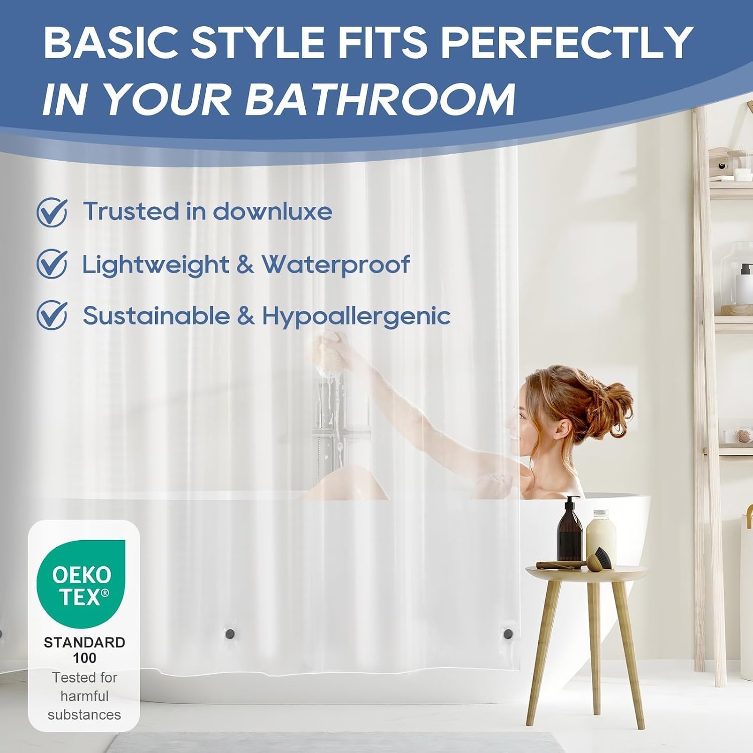 downluxe Clear Shower Curtain Liner with Suction Cups, 72x72, Lightweight