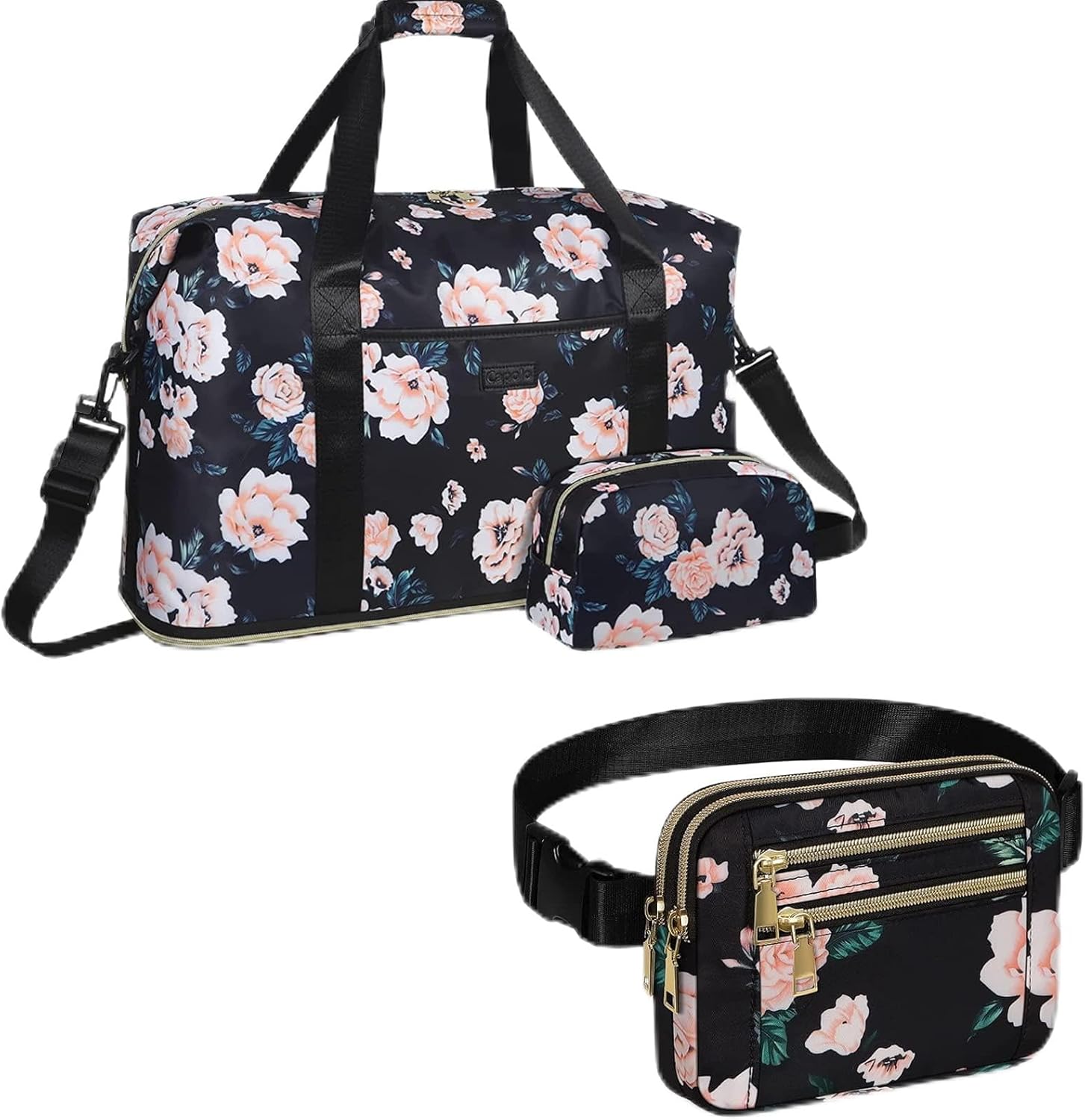 Capolo Expandable Travel Duffle Bag With Toiletry Bag + Matching Fanny Packs (Black Flower)