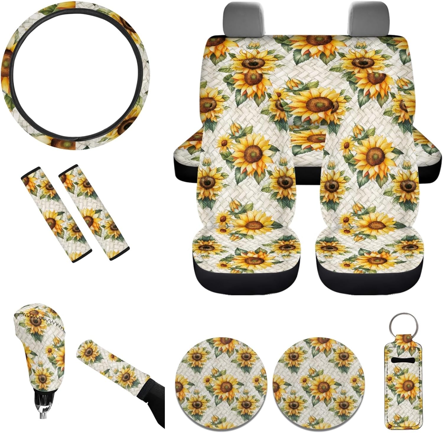 Sunflower Aztec Geometry Pattern 12 Pack Car Seat Covers for Women Men with Steering Wheel Cover and Seat Belt Pad Washable Cup Coaster Holder Keychain Gear Shift Cover Auto Accessories