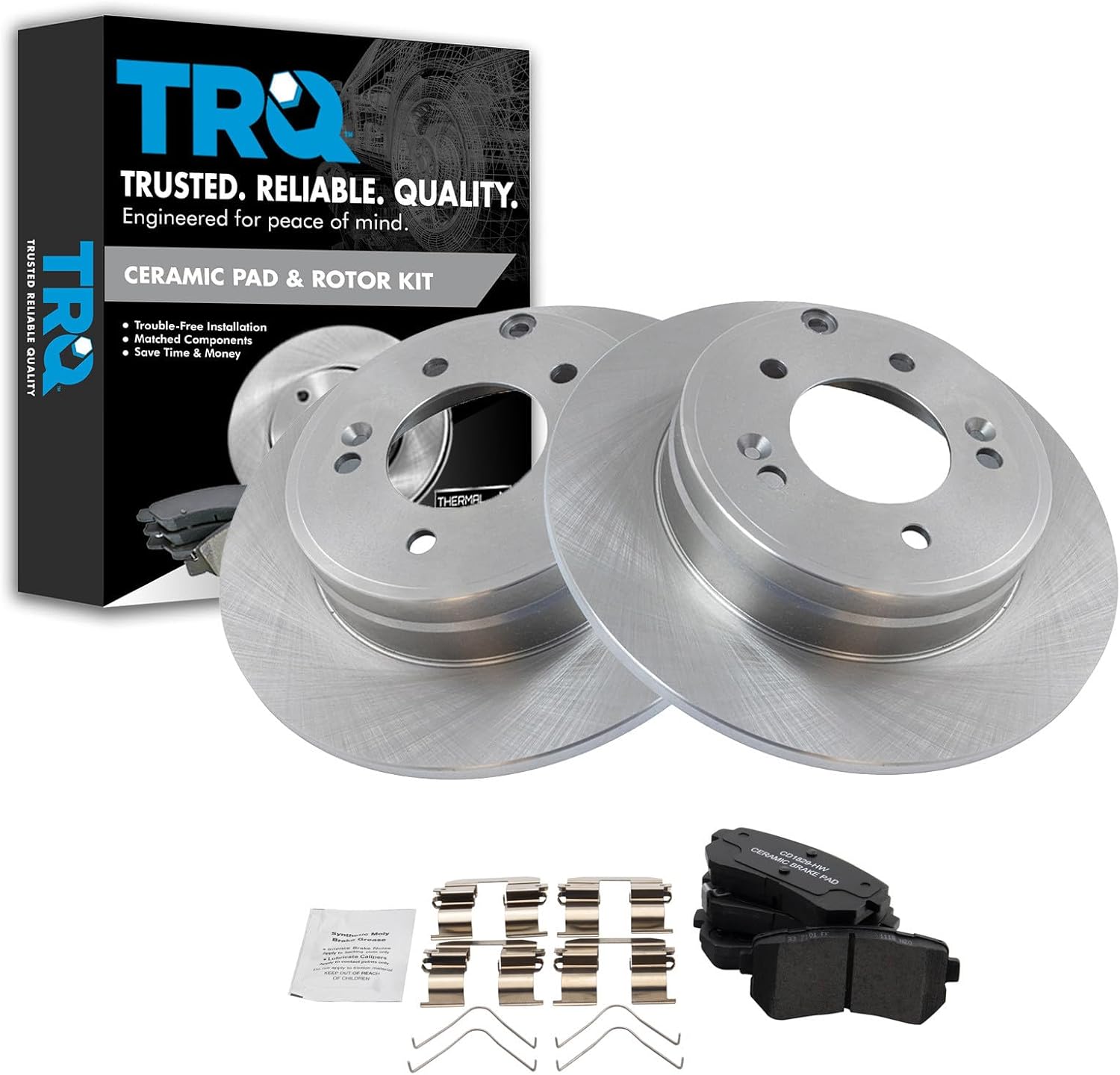 TRQ Rear Ceramic Brake Pad and Rotor Set Compatible with 2016-18 Kia Optima 2016 Hyundai Sonata 2018-19 with Manual Parking Brake Models