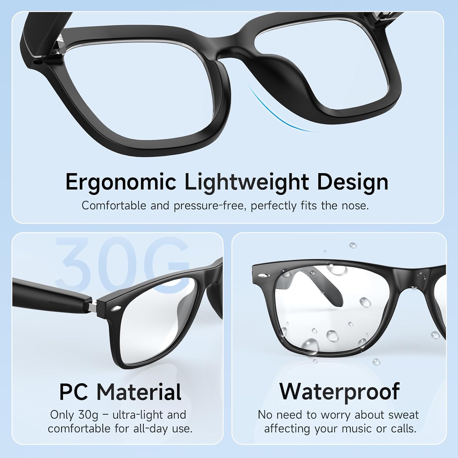 sunvito Smart Glasses Headphones, Safety Glasses with Bluetooth Speaker, UV Protection & Blue Light Blocking, Voice Control, for Indoor & Outdoor Use（Black）
