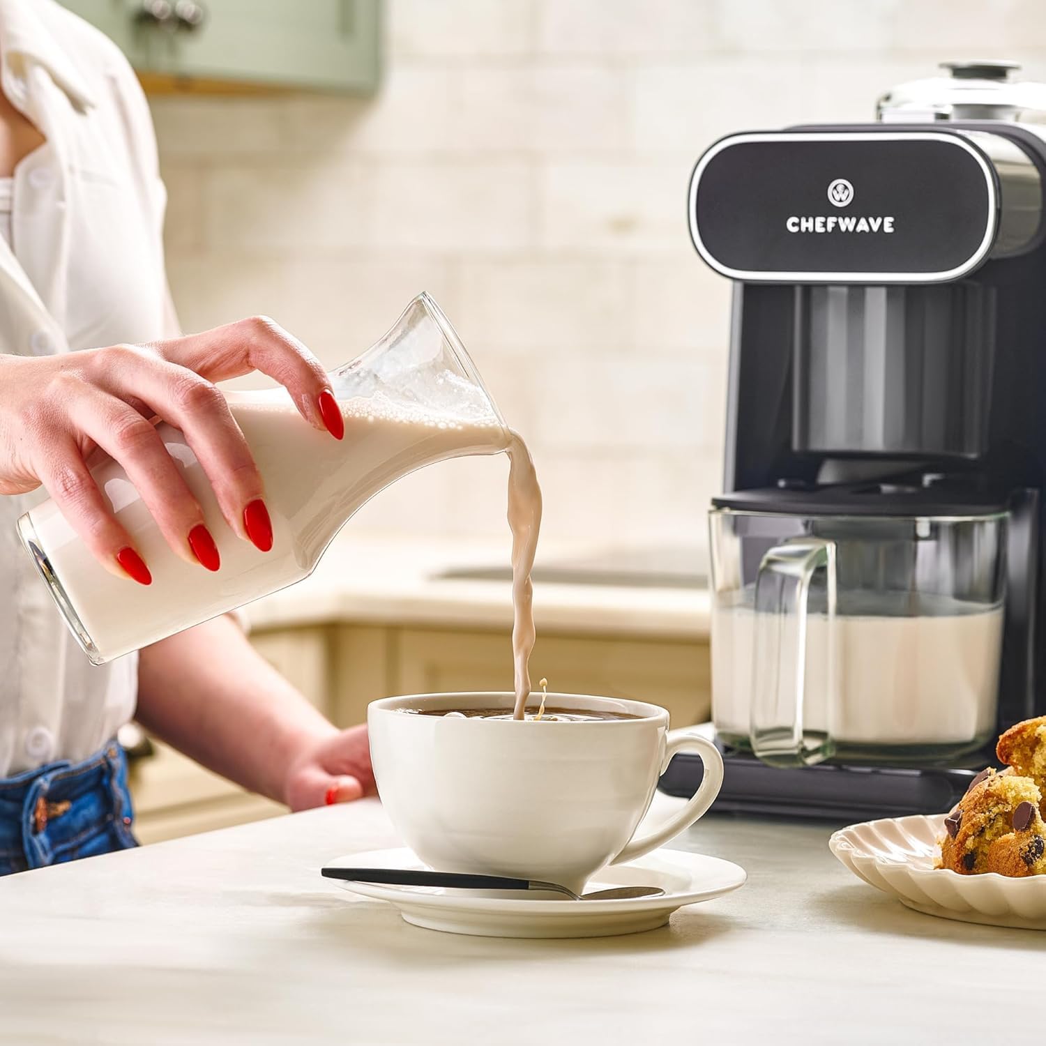 ChefWave Milkmade Non-Dairy Milk Maker, 6 Plant-Based Programs, Auto-Clean, Almond Oat Soy Cashew Coconut Macadamia, 1000W, (Silver/Black)