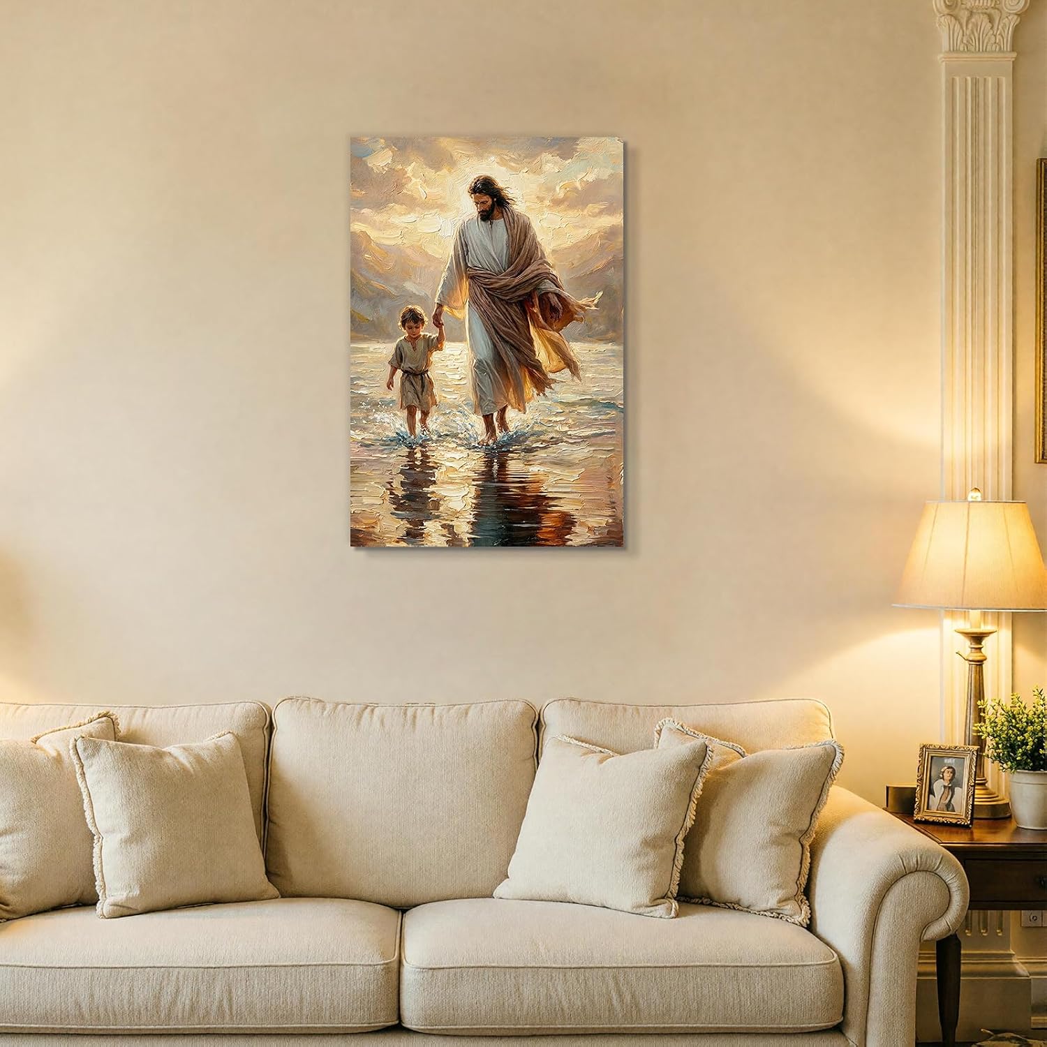 GVPHVRA Jesus Walking with Child Canvas Wall Art with Solid Wood Frame Home Decor – Spiritual Christian Painting Religious Artwork Modern Living Room Bedroom Wall Decoration 12×16 Inches