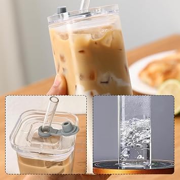 WPNCYK High Borosilicate Glass Cup with Lid and Straw, 16oz Iced Coffee Tumbler, Reusable Clear Smoothie Cup, Leakproof Glass Tumbler with Straw and Lid, Portable Drinking Glass for Cold Beverages