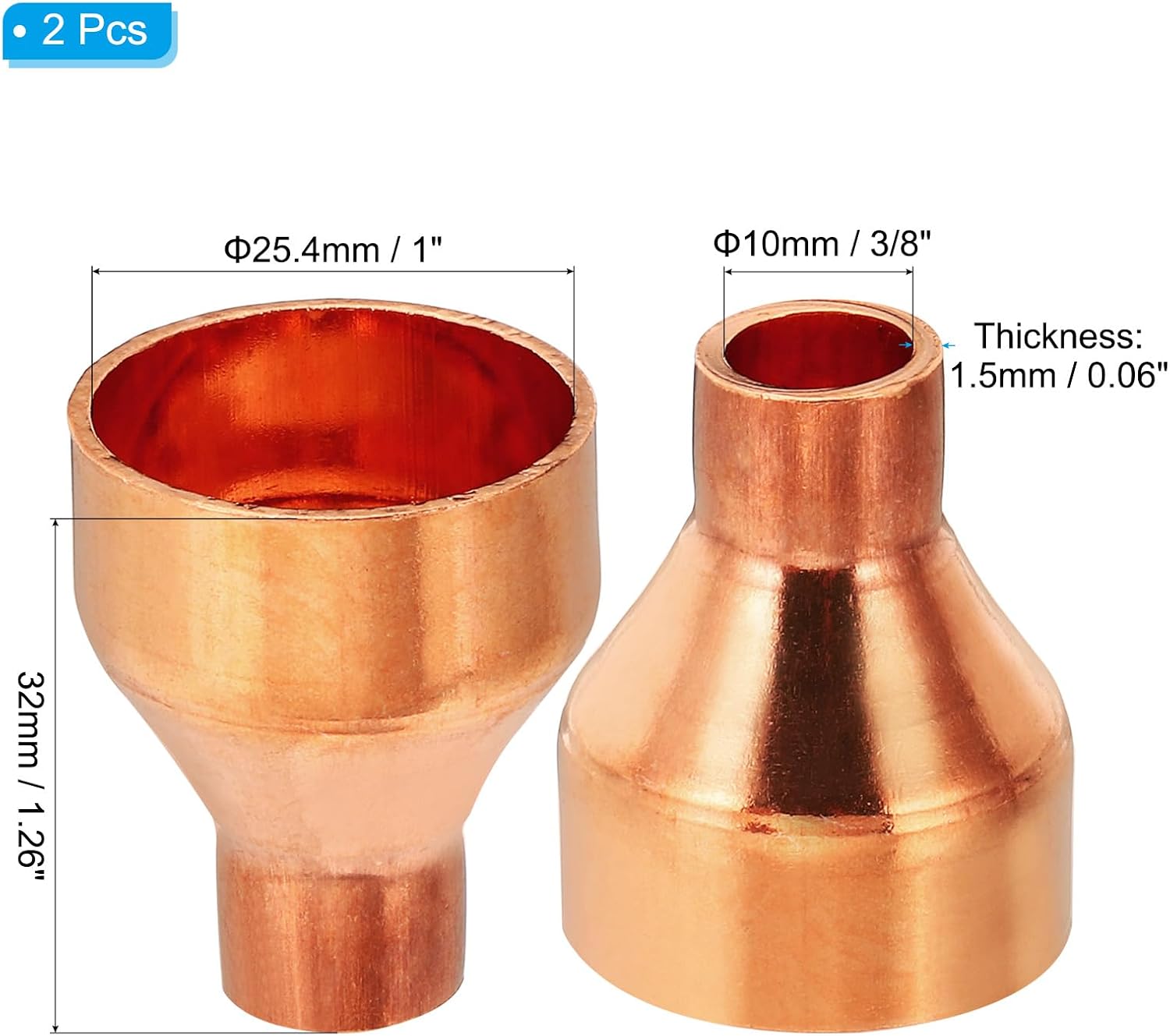 PATIKIL 1" to 3/8" ID Copper Reducer, 2pcs 99.9% Pure Copper Reducing Coupling Pressure Fitting Pipe Tube Connector Adapter with Sweat Solder Connection for HVAC Refrigeration System