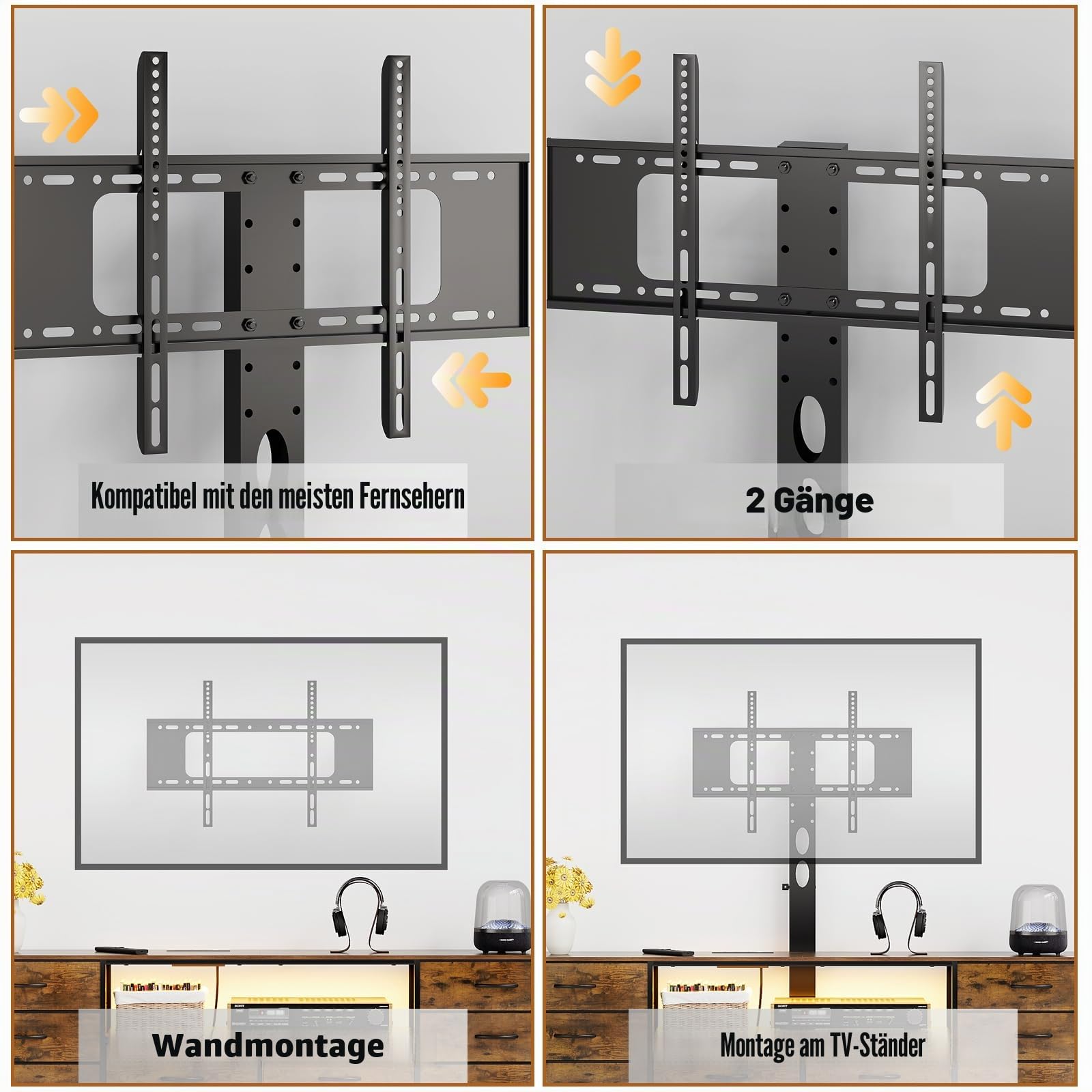 VEDECASA 180cm TV Lowboard mit TV Halterung, LED Beleuchtung & Steckdosenleiste, TV Schrank mit 8 Stoffschubladen und offenem Gerätefach, Industrial Fernsehtisch für 32–80 Zoll TVs, Braun