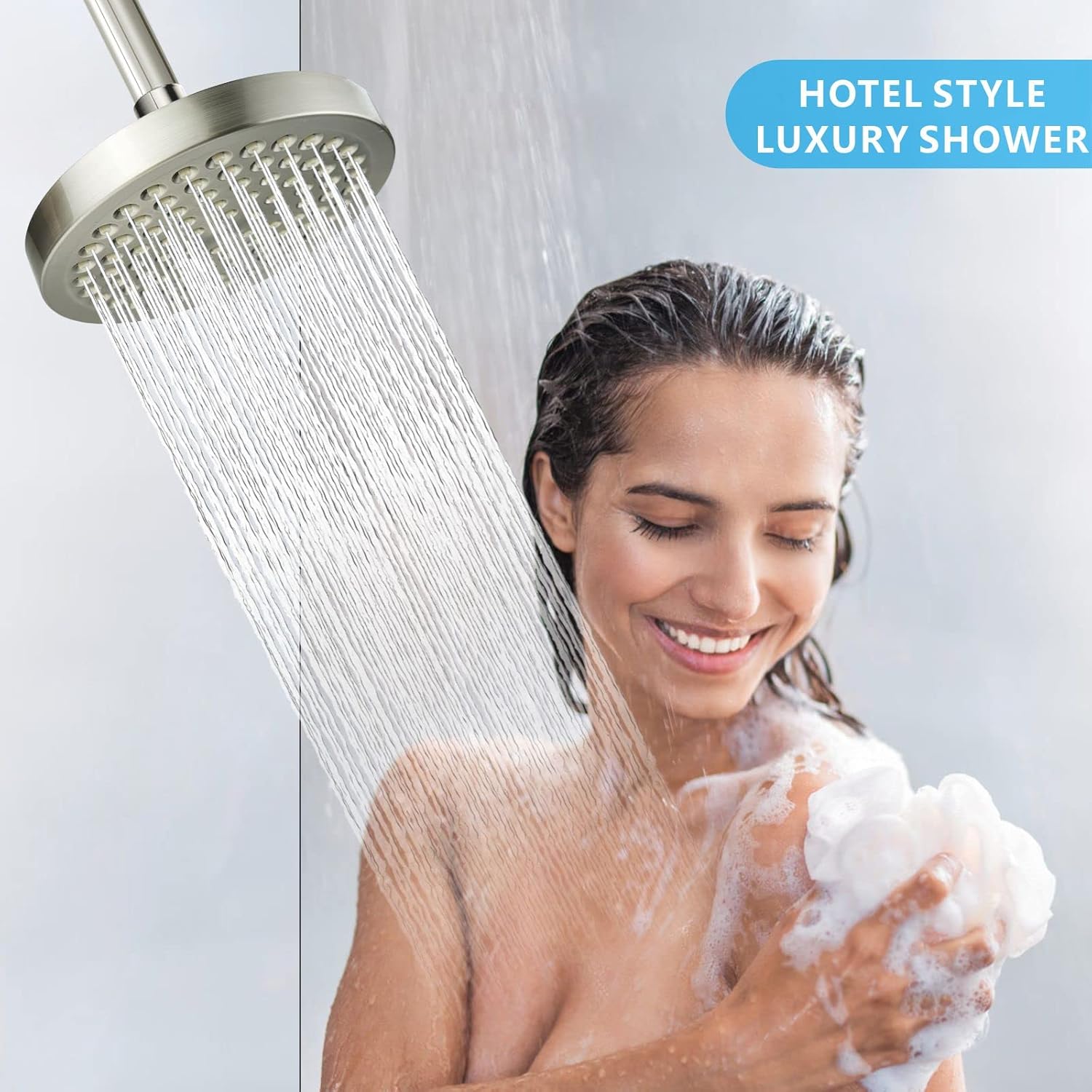 Voolan High Pressure Rain Shower Head, 6" Pressure-Boosting, Ideal for Replacement Fixed Bathroom Showerheads, Easy to Install, Renter-Friendly (Brushed Nickel)