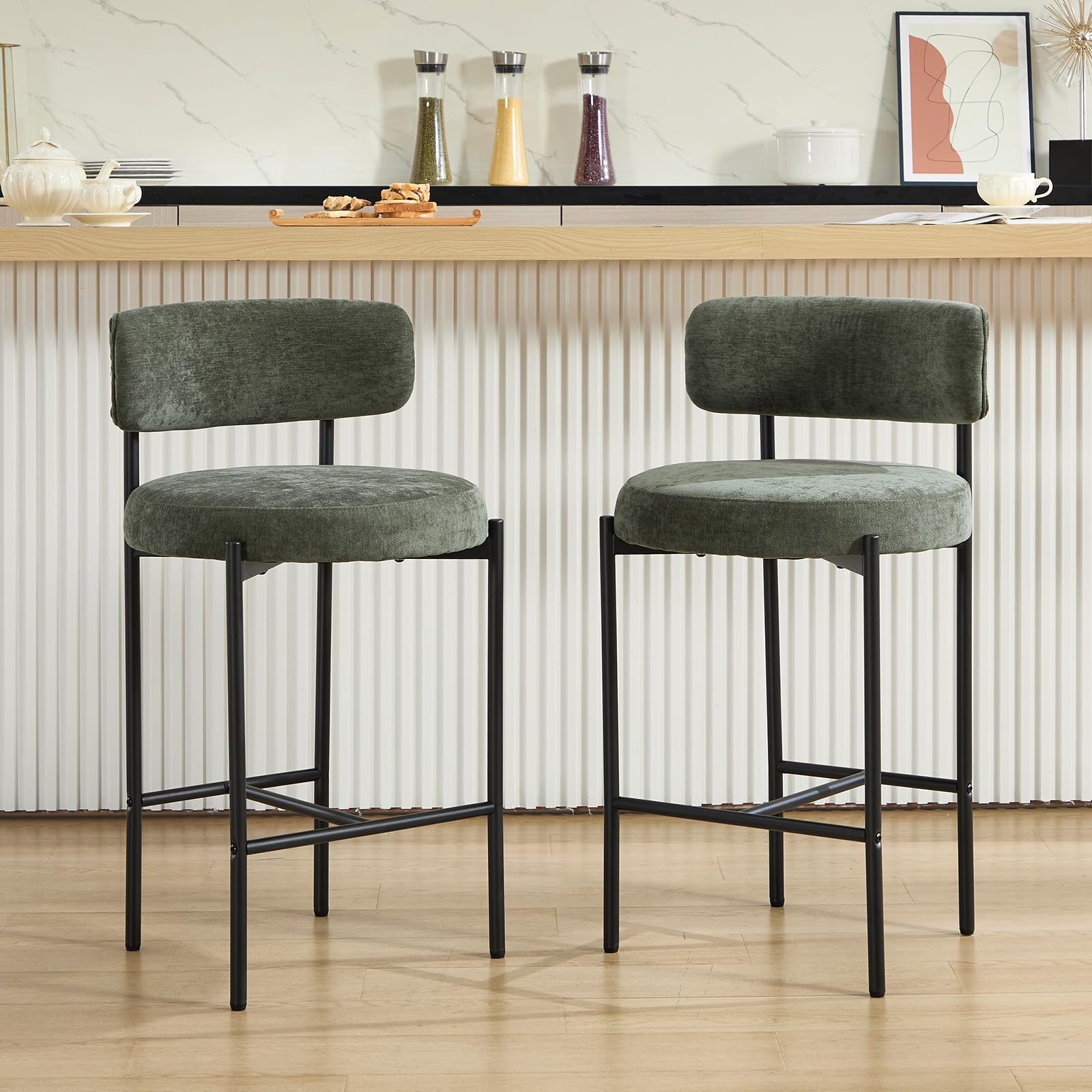 Set di 2 Sgabelli da Bar Sgabelli da Bancone in Chenille con Gambe Metalliche,Sgabelli Cucina Stile industriale con Poggiapiedi in Metallo,Verde