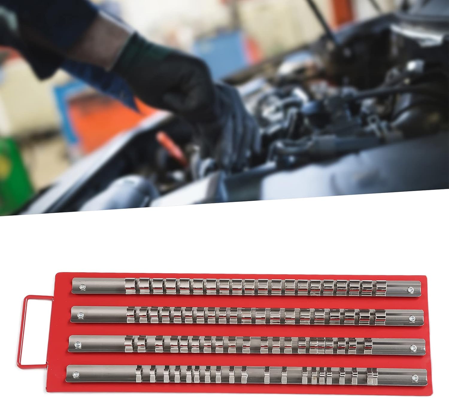 Heavy-Duty Socket Organizer Tray - Steel Rail Rack Holds 1/4-Inch, 3/8-Inch, 1/2-Inch Sockets, Wall Mount & Tool Box Storage for Auto Mechanics & DIY