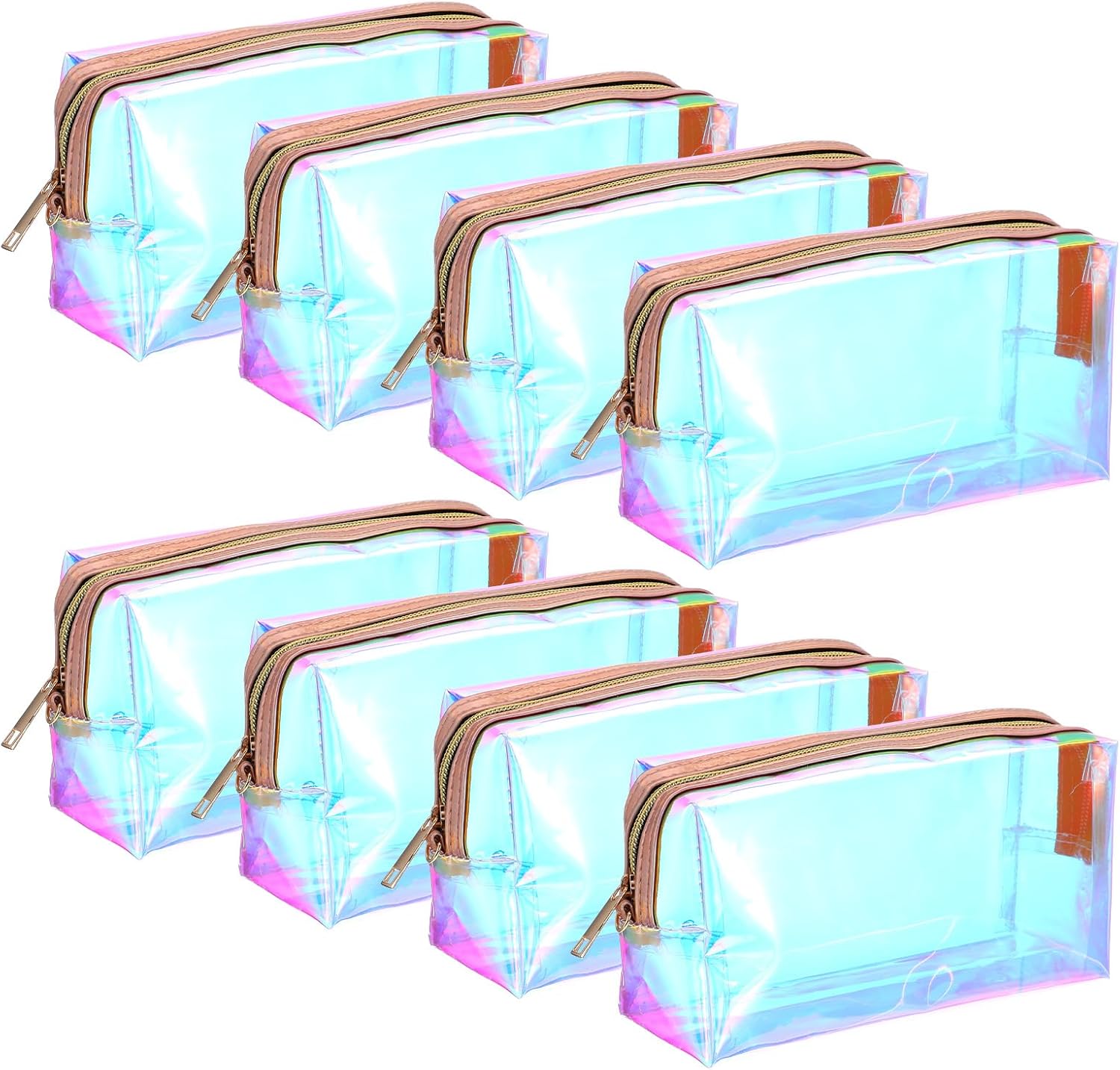 MAQUITA 8 Pcs Holographic Iridescent Clear Makeup Bags with Zipper Travel Cosmetic Pouches with Wrist Loop Waterproof Toiletry Organizer Case Home Office Beach Pouch Purse Diaper Vacation Gift Bag