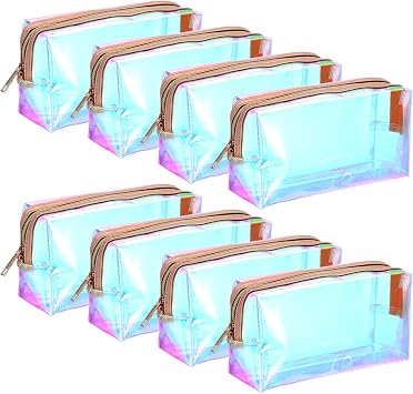 MAQUITA 8 Pcs Holographic Iridescent Clear Makeup Bags with Zipper Travel Cosmetic Pouches with Wrist Loop Waterproof Toiletry Organizer Case Home Office Beach Pouch Purse Diaper Vacation Gift Bag