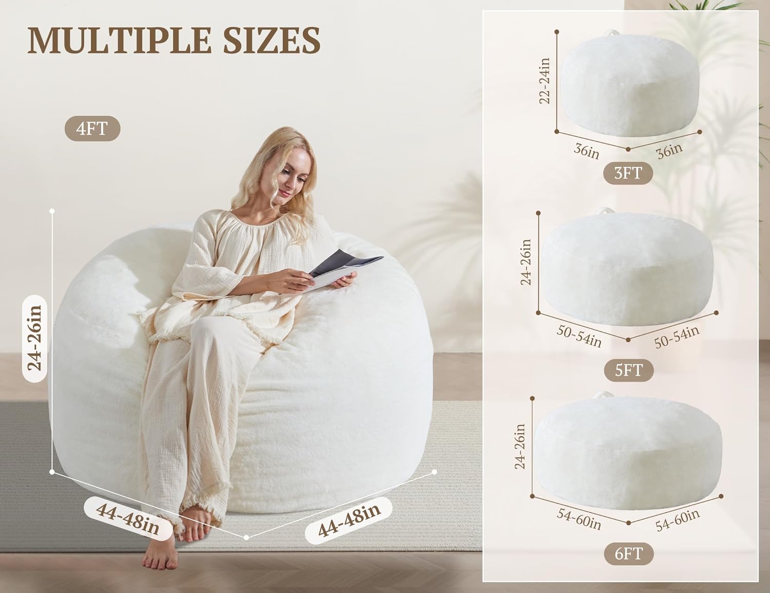 WSOFRLAC 4FT Bean Bag Chair, Soft Bean Bags Chairs for Adults, Giant Memory Foam Filled Beanbag with Washable Cover, Plush Lazy Sofa with Pocket Handle Zipper for Living Room Bedroom Dorm, Cream White
