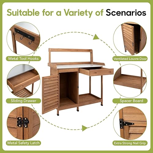 Miniatura 3 de Mesa de banco para macetas al aire libre, estación de trabajo de jardín de madera resistente a la intemperie con cajón deslizante, parte superior de