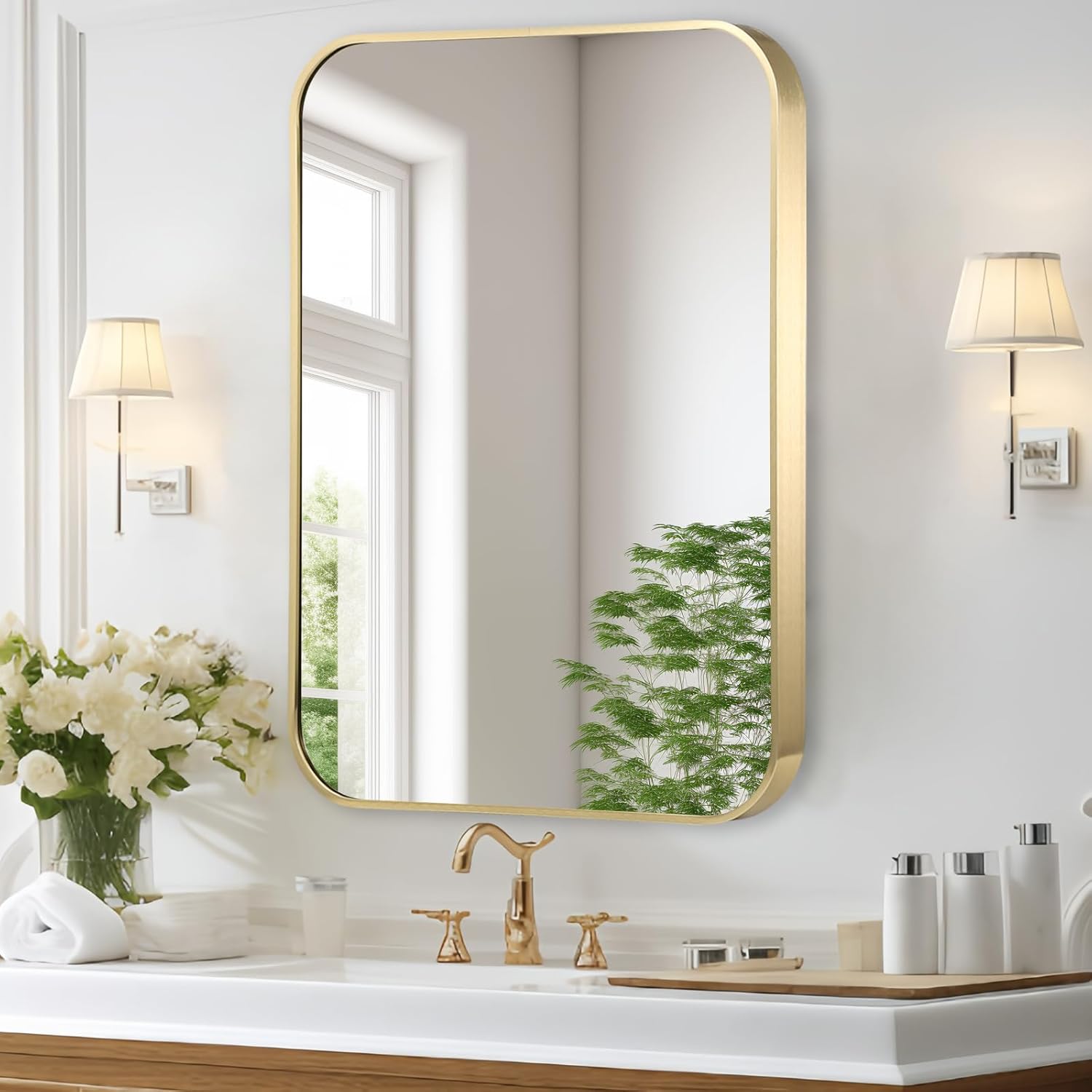 Gold Bathroom Mirror, 40x30 Inch Brushed Gold Mirror, Aluminum Alloy Framed Vanity Mirror, Rounded Rectangle Bathroom Mirror for Over Sink, Anti-Rust Wall Mirror (Horizontally or Vertically) Gold 40"L x 30"W