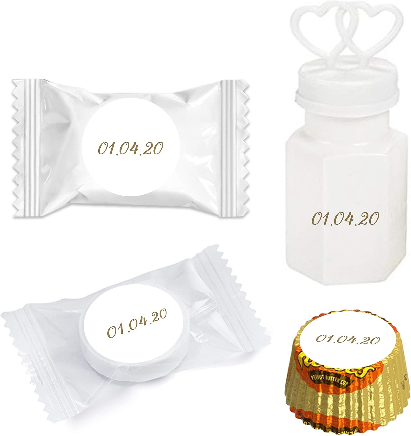 Andaz Press Personalized Wedding Chocolate Drop Label Stickers, Interlocking Double Hearts Metallic Gold Ink 216-Pack for Engagement Bridal Shower Kisses Party Favors Engagement Favors Kisses Stickers
