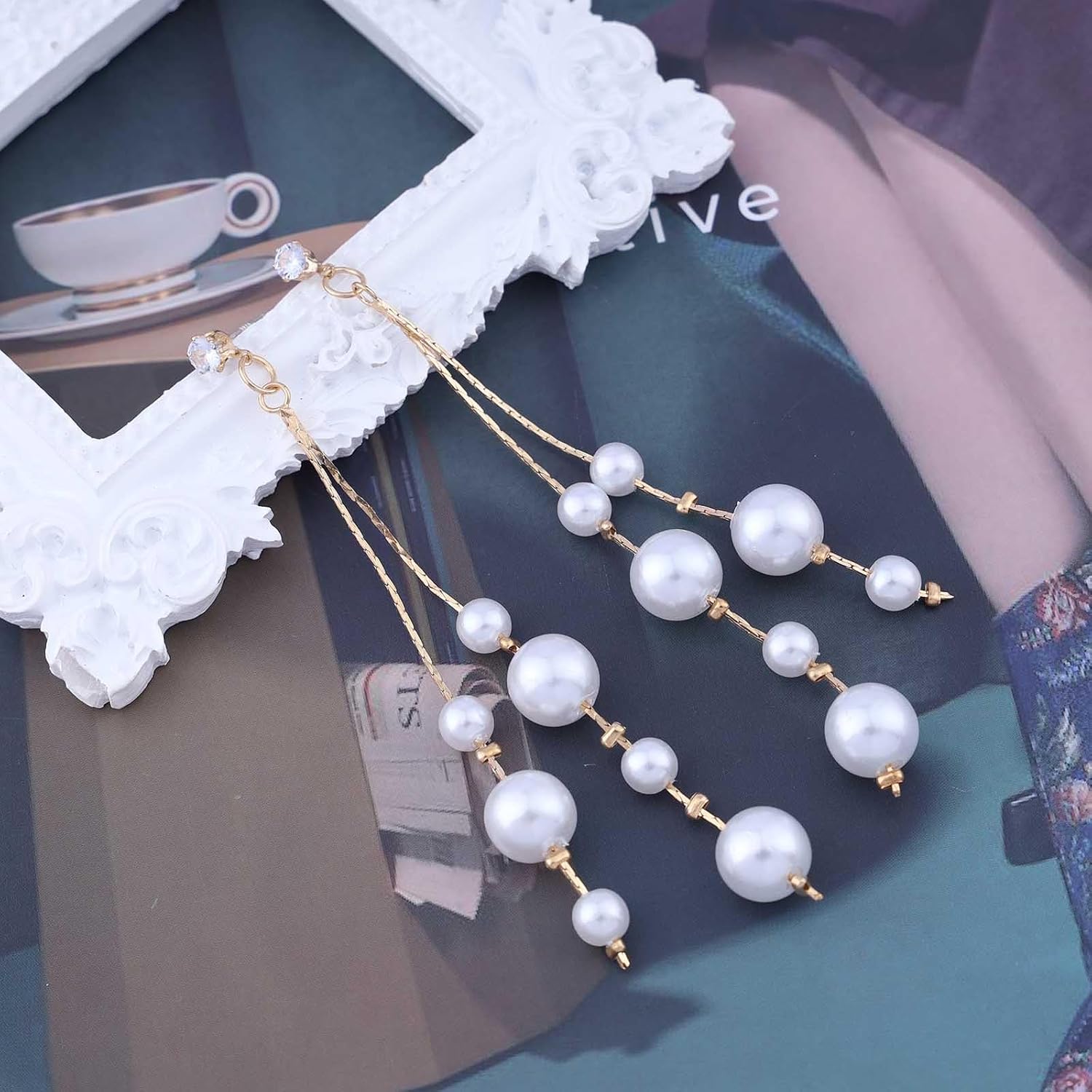 Bohemian Crystal Pearl Drop Earrings Long Pearl Tassel Earrings Retro Cluster Pearl Dangle Earrings Gold Cz Stud Earrings Jewelry for Women Gifts - Image 4