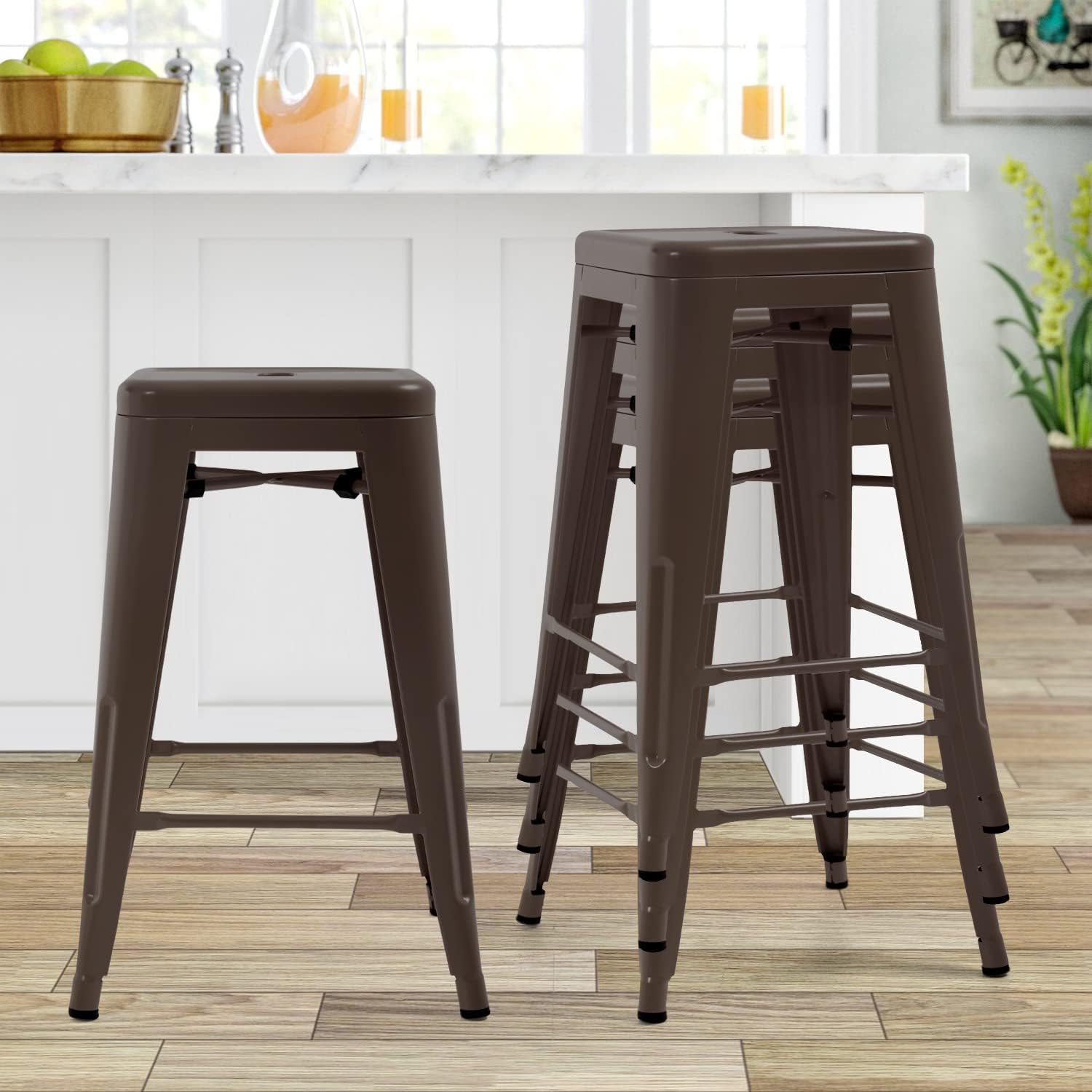 BLKMTY Metal Stools Set of 4-24 Inch Counter Height Stackable Barstool for Outdoor Patio, Stackable Chairs for Home Kitchen Dining - Backless Indoor Bar Chair, Bronze