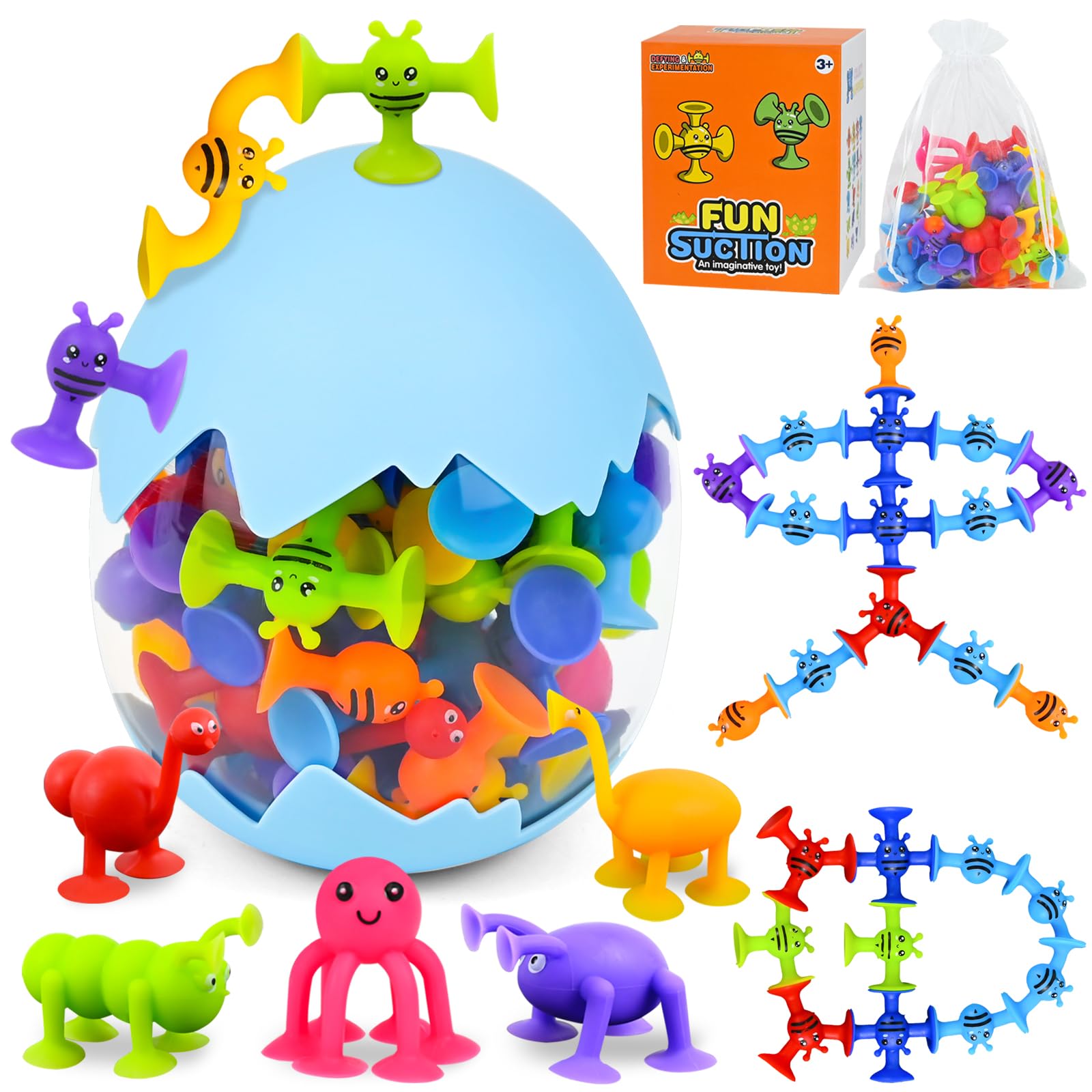 Ulikey Juegos Ventosas Niños, 42 Piezas Juguetes de Baño, Juguetes de Ventosa Silicona con Caja de Almacenaje, Juguetes Sensoriales Interactivos Modelado de Animales para Niños Niñas 3 4 5 6 7 Años