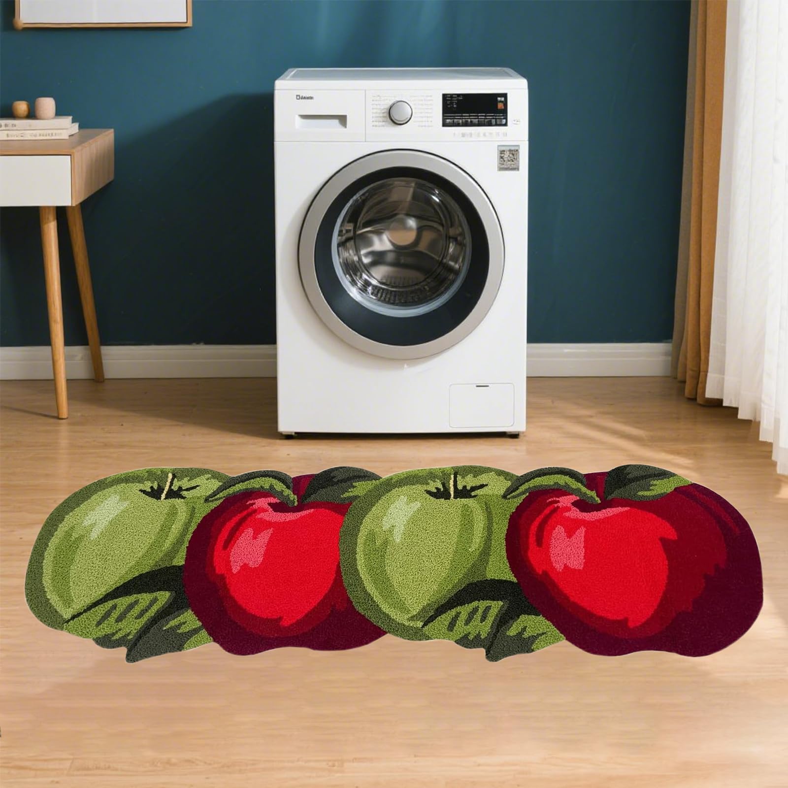 Lacomfy Apple Runner Rug Handmade Fruit Bath Mat Washable Nonslip Apple Area Rug Red Green Chic Bathroom Rug Floor Carpet for Shower/Doormat, 17.7"