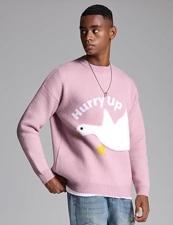 Yimoon Mens Oversized Sweaters Graphic Crewneck Knit Pullover Unisex Y2K Streetwear Jumper Tops