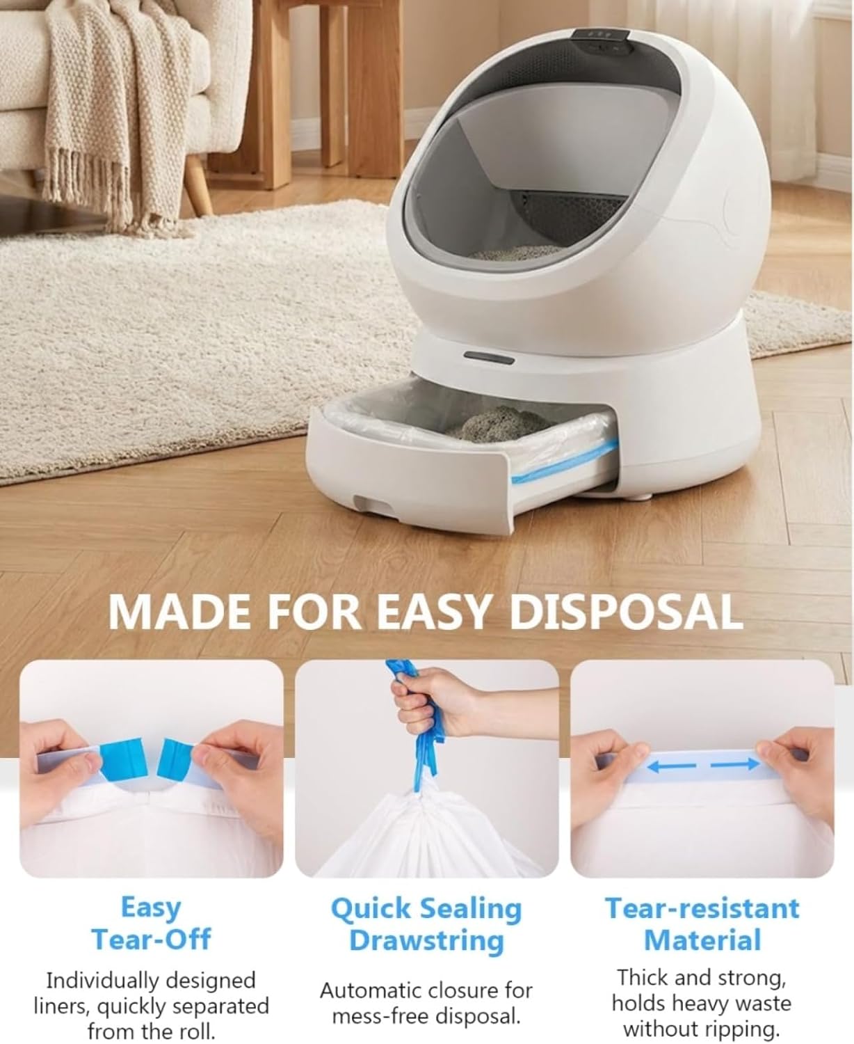 Litter Box Liner for PETLIBRO Luma Automatic Cat Litter Box, 120 Count Cat Litter Bags, Thick Drawstring Liners for Automatic Litter Box Waste Drawer