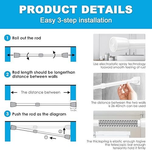 Vista 19 de 1 barra de cortina de tensión para ventanas de 27 a 50 pulgadas, barras de tensión de resorte, barras de cortina negras, barra de resorte ajustable