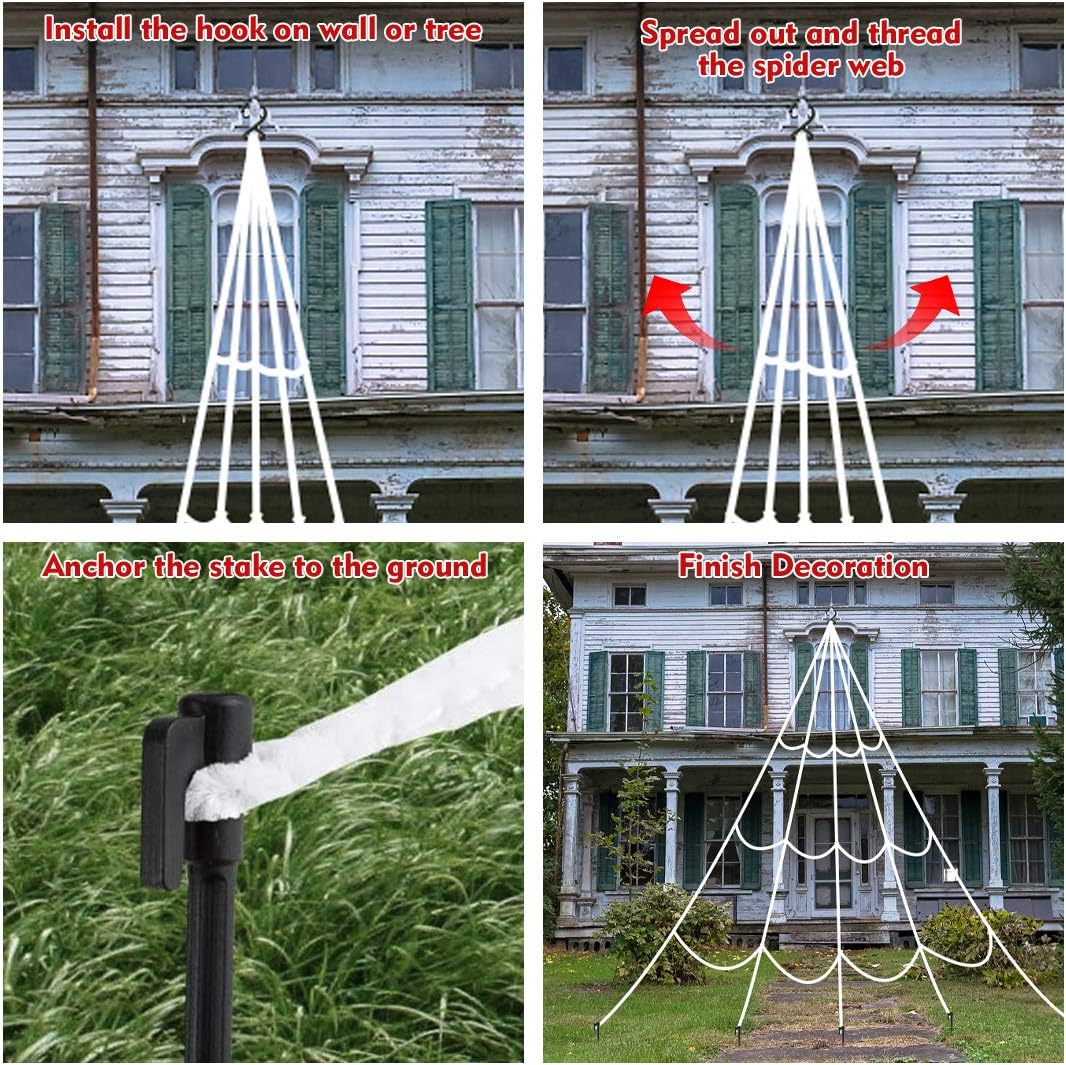 COCEQUC Halloween Spider Decorations 200" Triangular Spider Web + 30" Giant Fake Spiders + Stretch Cobweb with 2 Small Spiders for Scary Halloween Decorations Yard Lawn Home Party Haunted House Decor