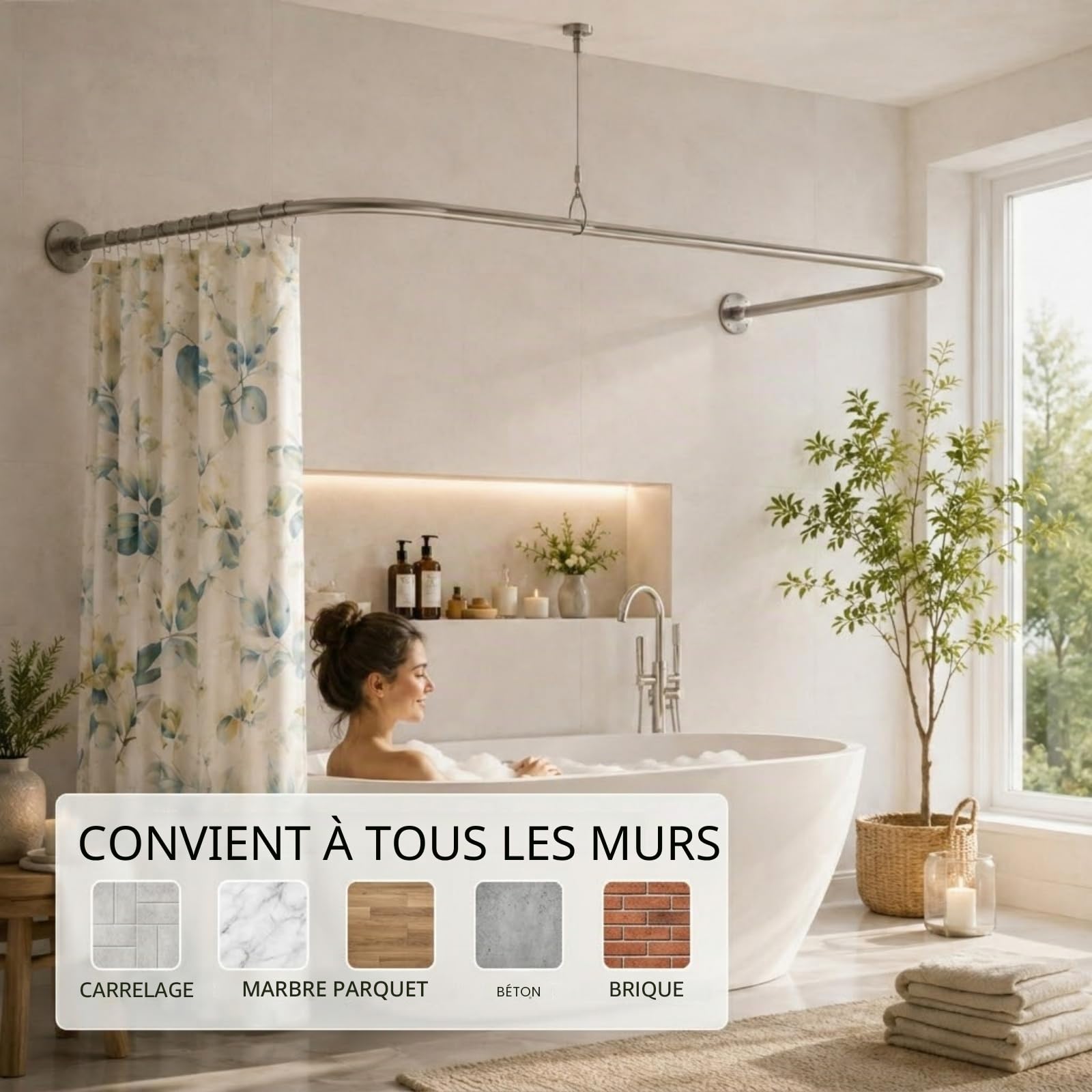 Barre de douche rétractable de type U/L, barre d'angle en acier inoxydable 304, antirouille et durable, avec 12 anneaux de rideau de douche, dimensions : 75 x (150-190) x 75 cm