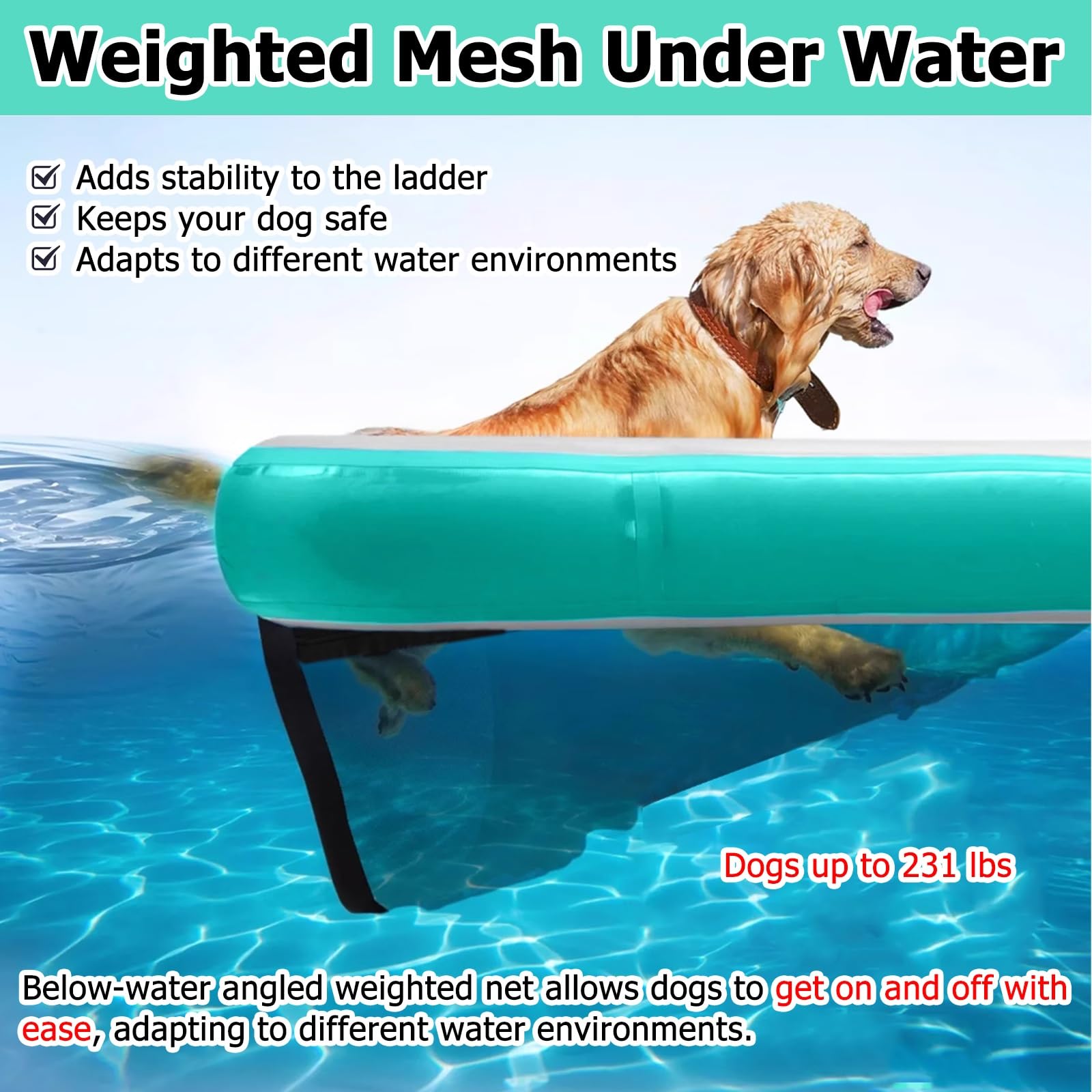 rampa de agua para perros Rampa De Agua Ligera Para Perros, Escalera Inflable Flotante De 99 Cm De Ancho Para Piscinas, Plataforma Reutilizable Con Bomba, Cuerda Y Kit De Reparación, Antideslizante.(B