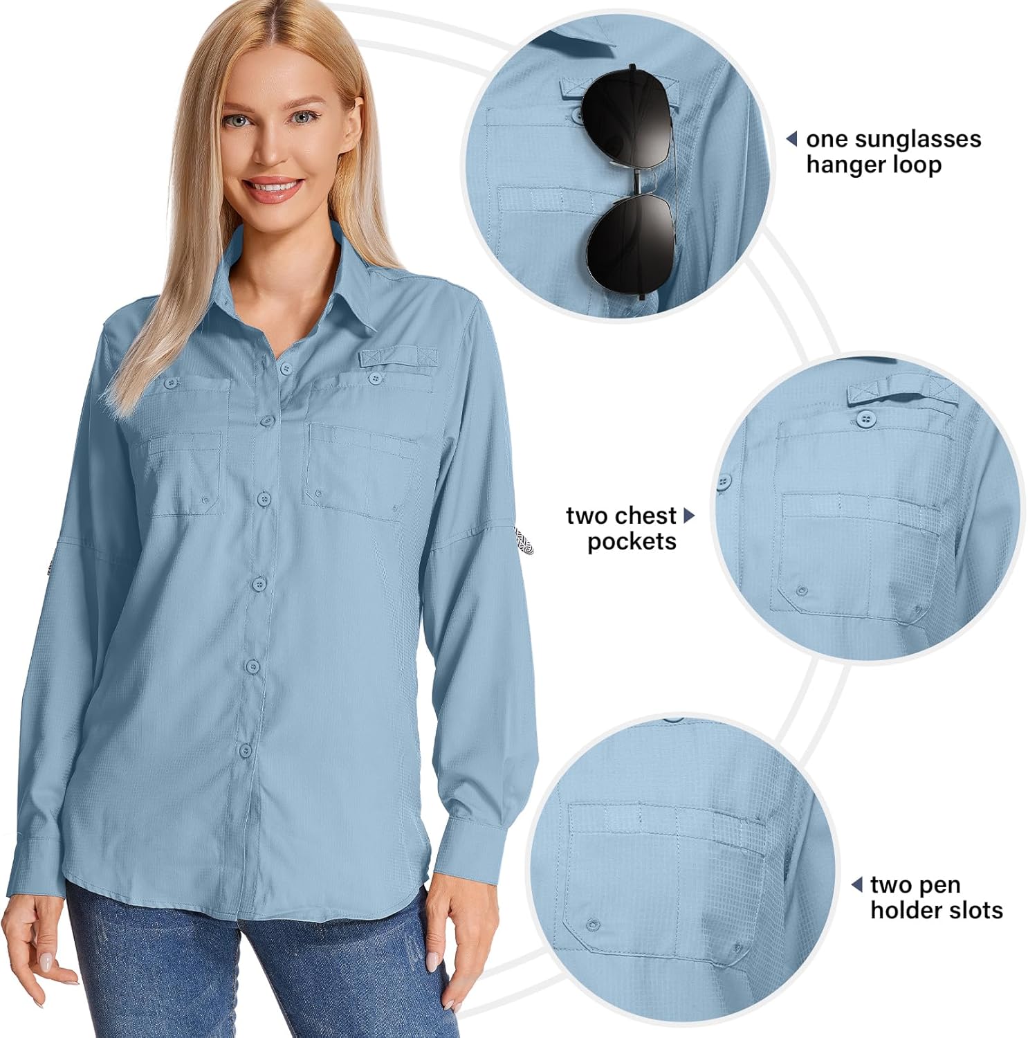 Womens Long Sleeve Sun Protection Hiking Fishing Shirts UPF 50+ UV Lightweight Quick-Dry Safari Shirts Womens Outdoor - Image 3