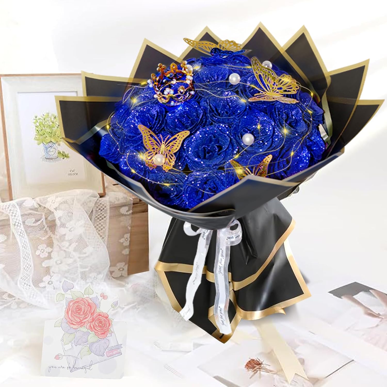 Blue Glitter Roses Bouquet, 24 Pcs Shiny Glitter Flowers Bouquet, Everlasting DIY Artificial Roses Bouquet for Christmas, Birthday, Anniversary, Wedding, Engagement