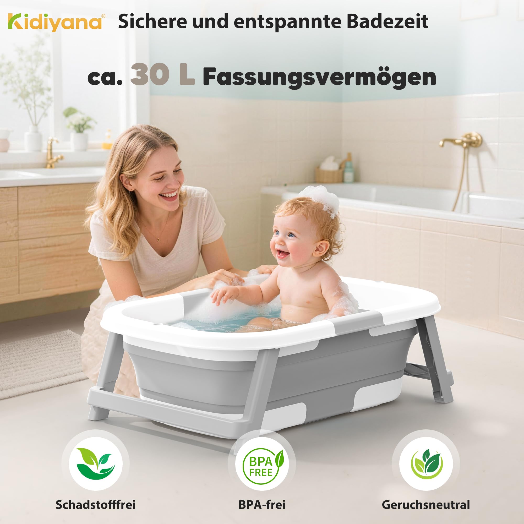 Kidiyana Baby Badewanne faltbar mit Gestell, stabil und rutschfest, platzsparend klappbar, mit Ablauf, PP & TPE, 30L, Babywanne kompakt tragbar, faltwanne, 0–3 Jahre - 3